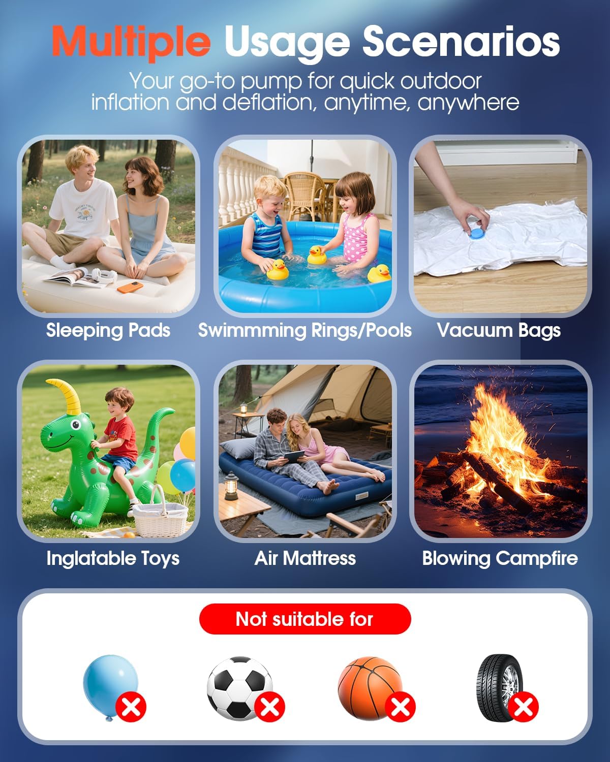 Portable Electric Air Pump for Inflatables, 2600mAh Fast Air Mattress Pump with Efficient Heat Dissipation, 3 Lighting, 5 Nozzles, Inflate Deflate for Sleeping Pads, Pool Floats, Vacuum Storage Bags - Image 7