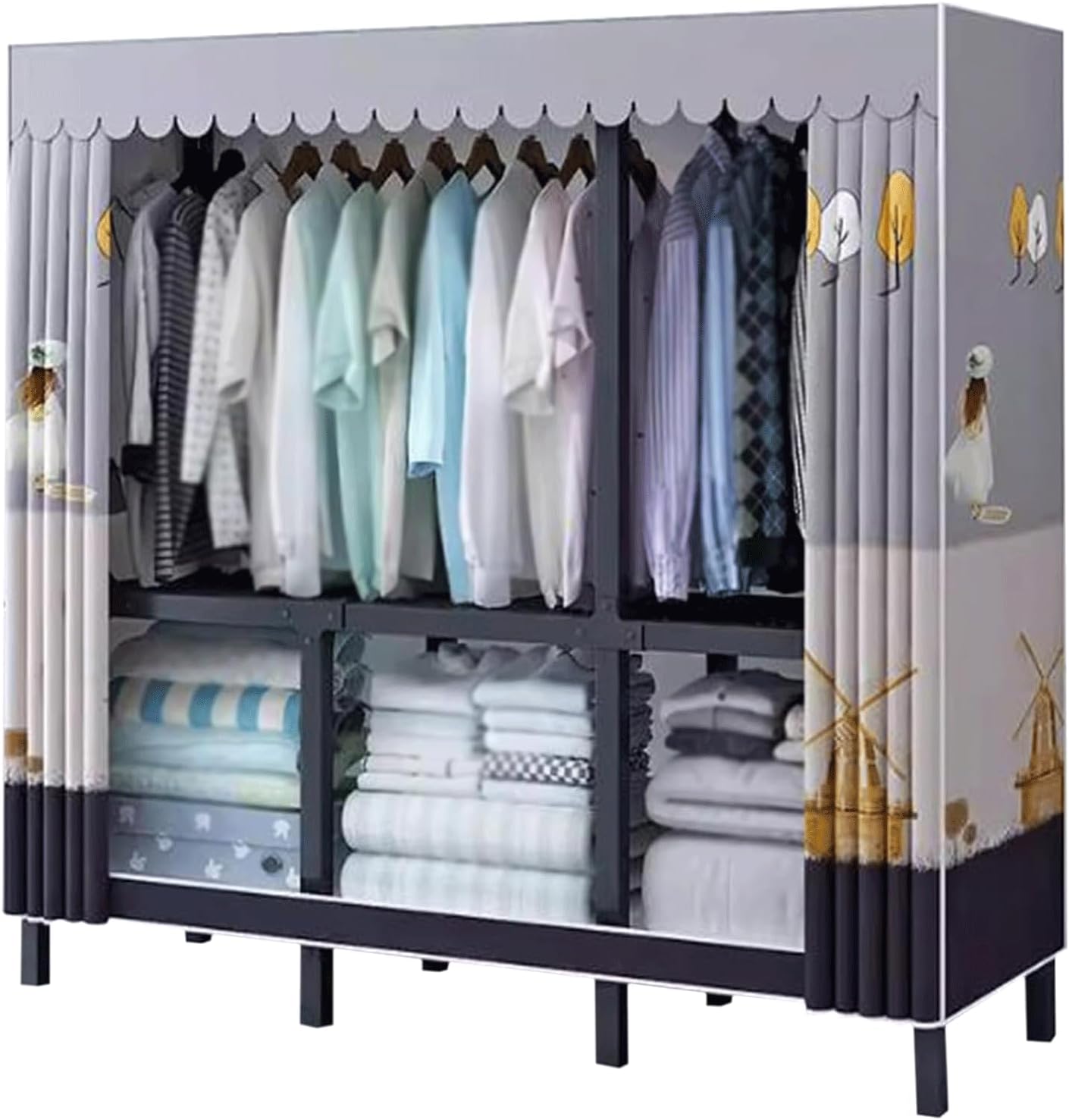Portable Wardrobe Closet with Hanging Areas Metal Steel Closet Clothes Closet for Bedroom Hanging Foldable Wardrobe Closet, 140cm/55.1in(B)
