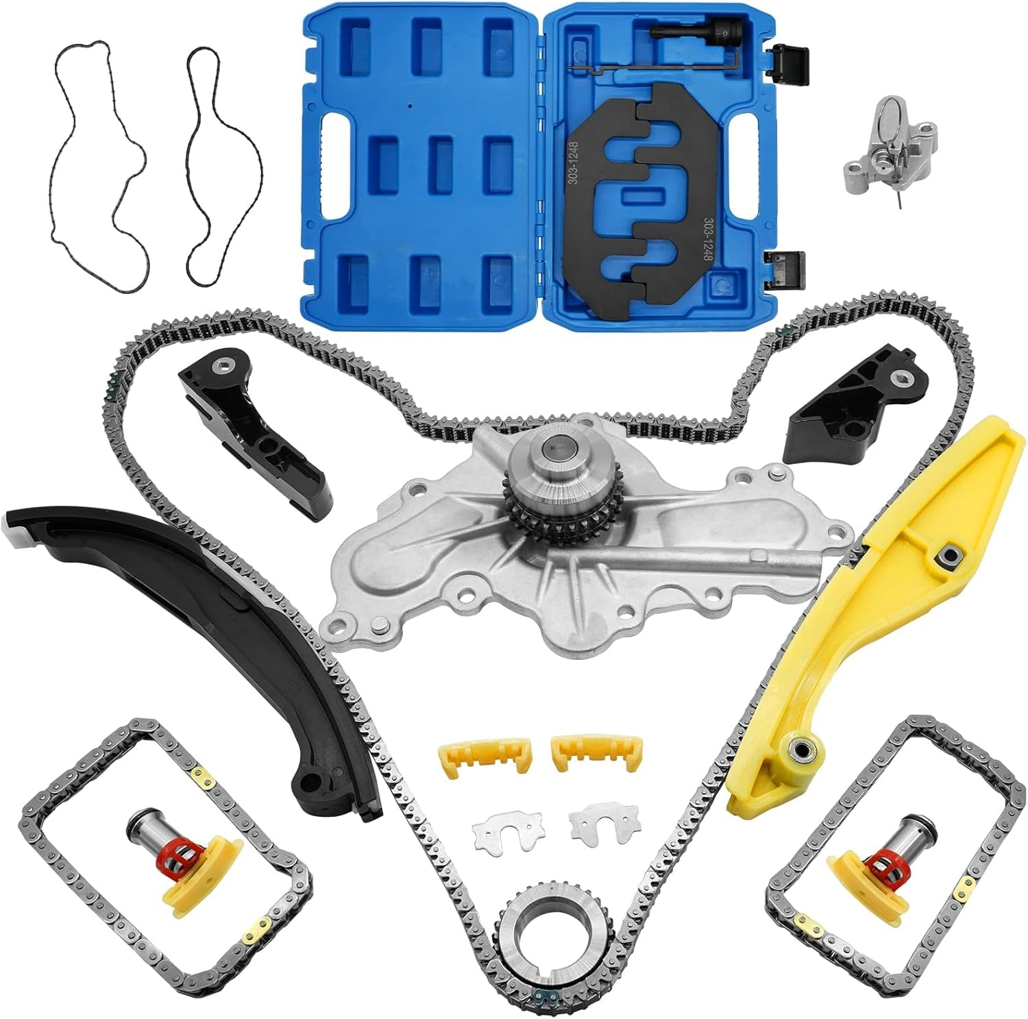 Photo 1 of Timing Chain Kit with Water Pump + Camshaft Holding Tool with Timing Alignment Holder Tool Kit for 2011-2019 Ford Explorer/Edge/Taurus/Flex 3.5L 3.7L V6 303-1248 BL3Z-6268-A (timing chain kit 1)