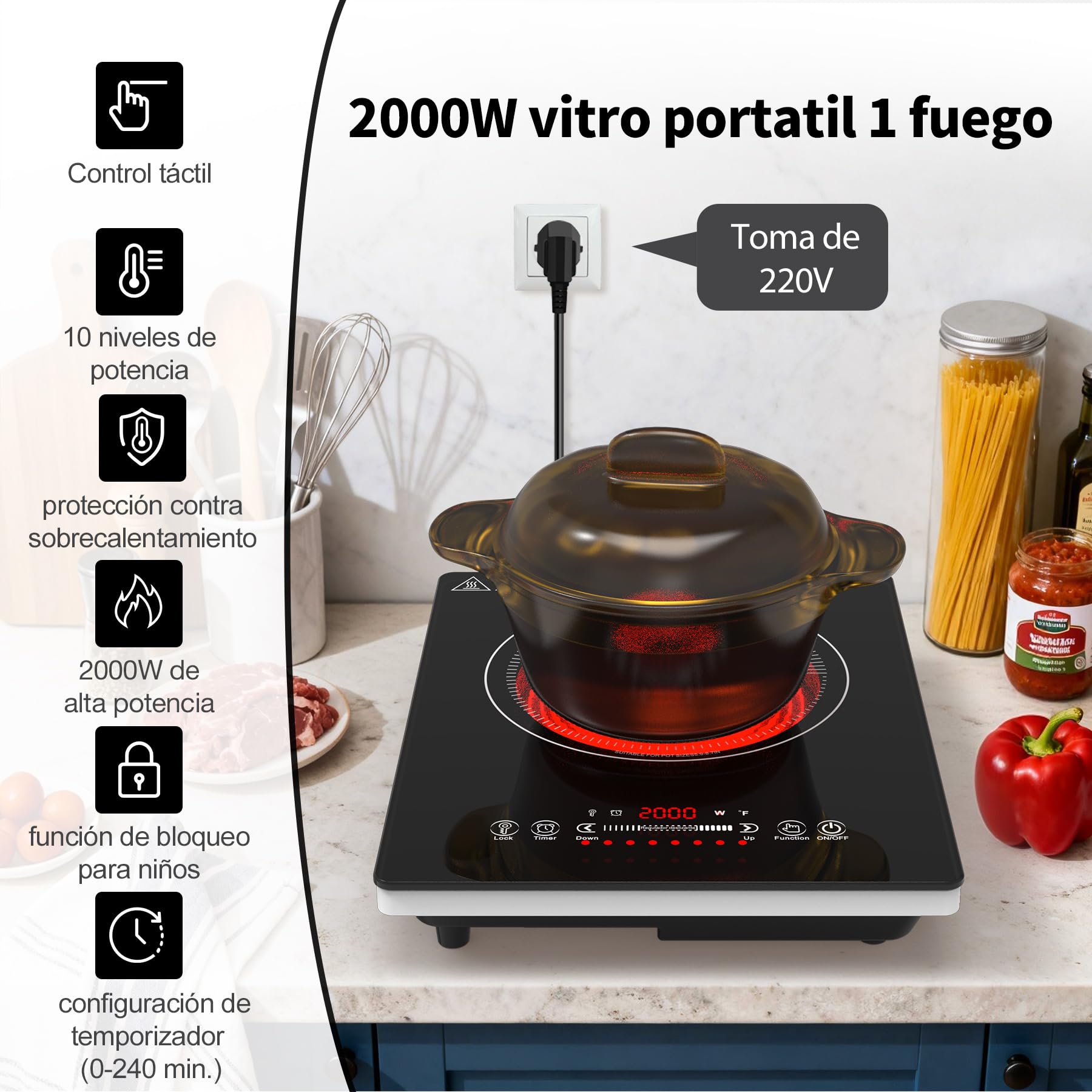 VBGK vitro portatil 1 fuego，220V 2000W placa vitroceramica con control táctil LED, 10 niveles de potencia, temporizador de 4 horas, bloqueo de seguridad y protección contra sobrecalentamiento.