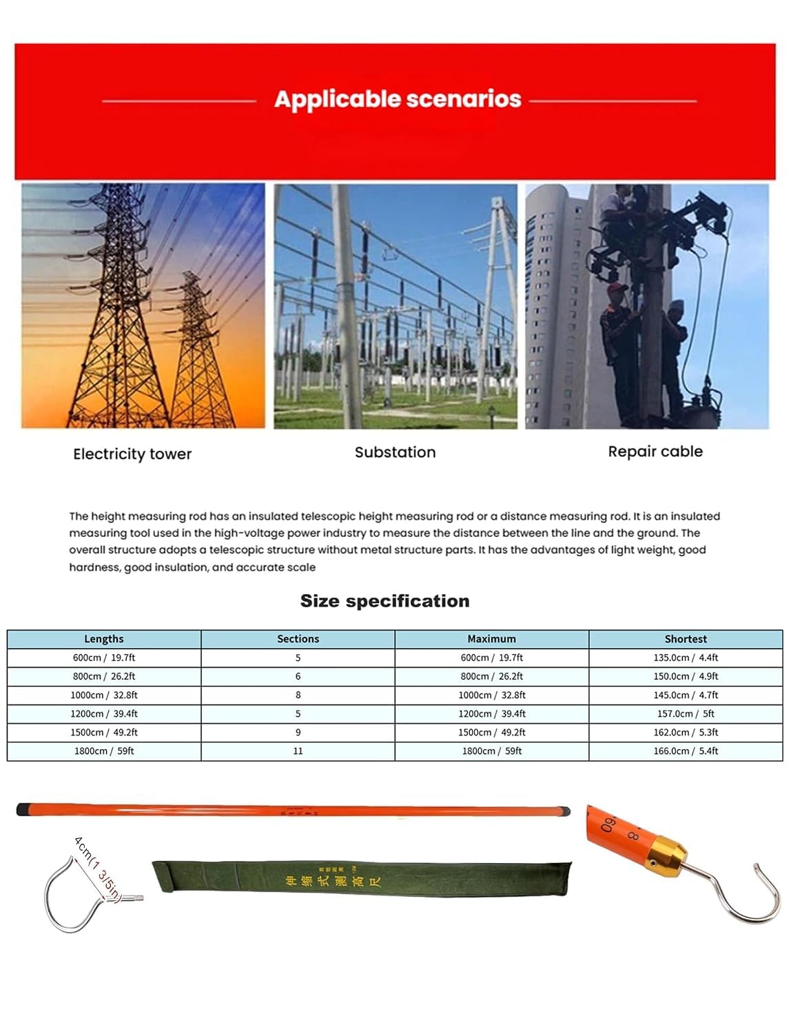 Insulated Measurement Rod, Telescopic Height Measuring Pole