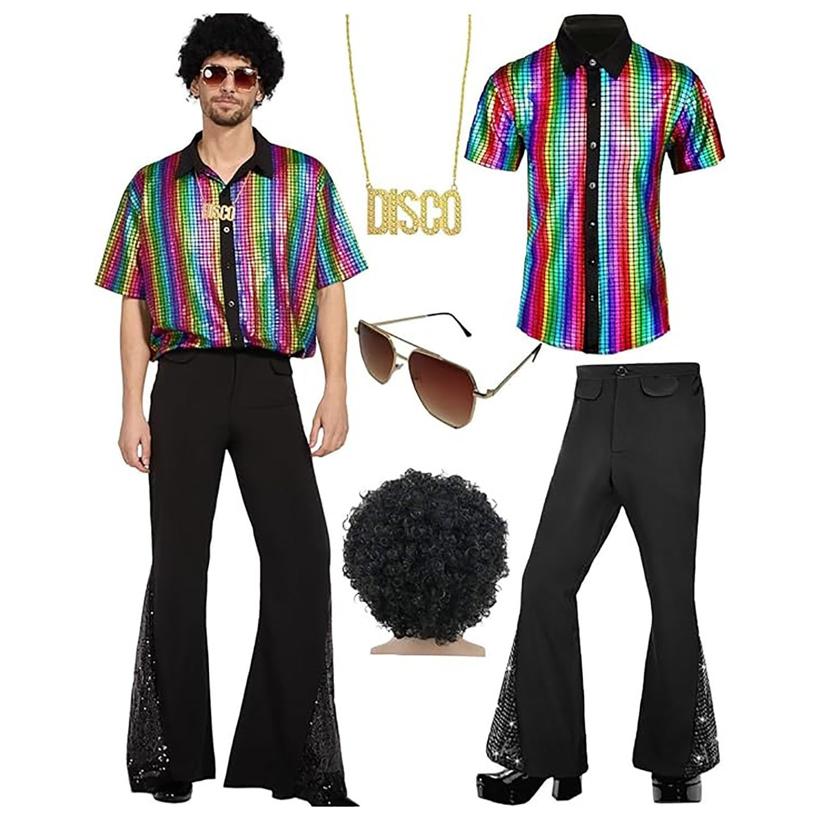 Generisch 70er Jahre Outfit Herren Disco Kostüm mit Perücke Schnurrbart Halskette Faschingskostüme Herren 70er Jahre Disco Kostüm für Karneval Halloween Cosplay und Party