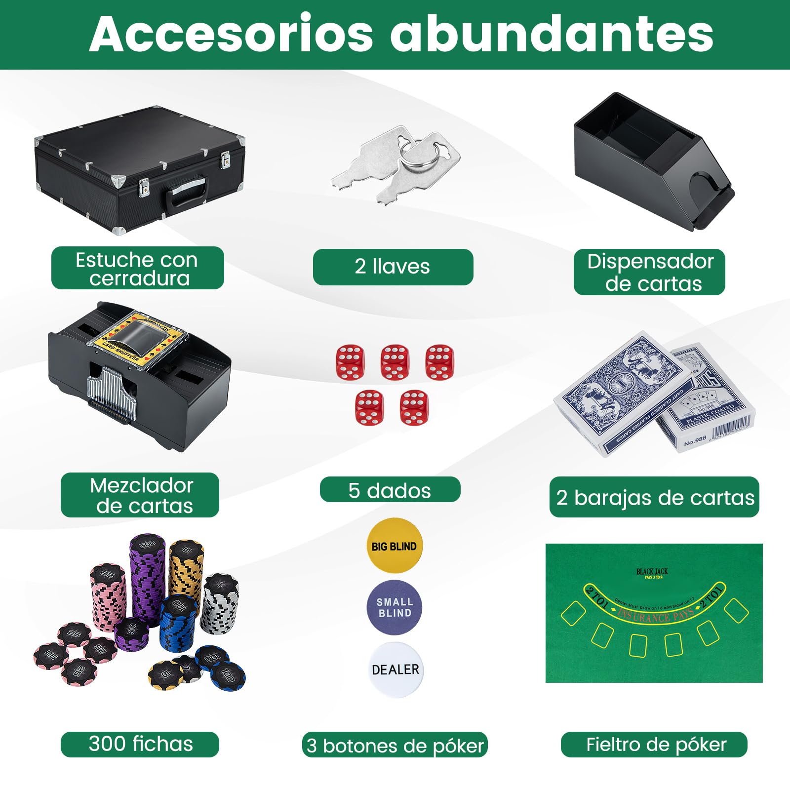 COSTWAY Set de Poker 300 Fichas, Juego de Casino con Barajador Automático, Fieltro y Accesorios