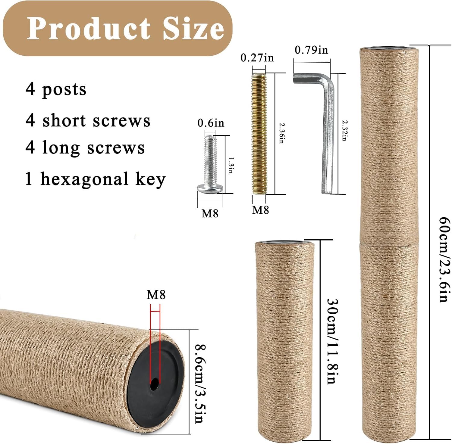 Lot de 4 griffoirs de rechange en toile de jute naturelle avec 8 vis M8 et 1 clé à molette pour l'intérieur, tour chaton (30 x 8,4 cm)