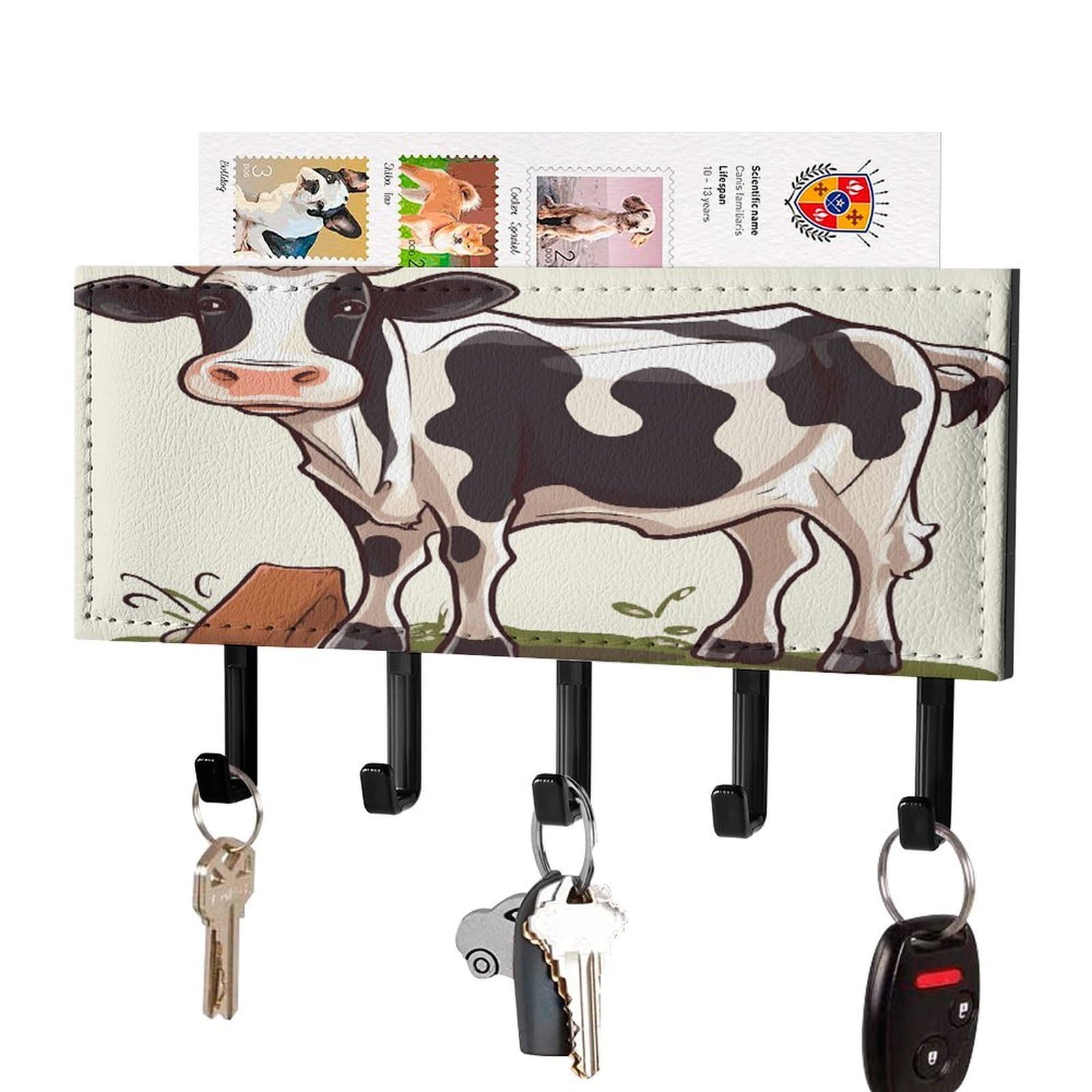 FekiLoot Dairy Cow Key Holder for Wall Decorative Mail Organizer with 5 Key Hook Self Adhesive Key Rack with Tray Coat Rack Wall Mount Key Hanger Decor for Entryway Door