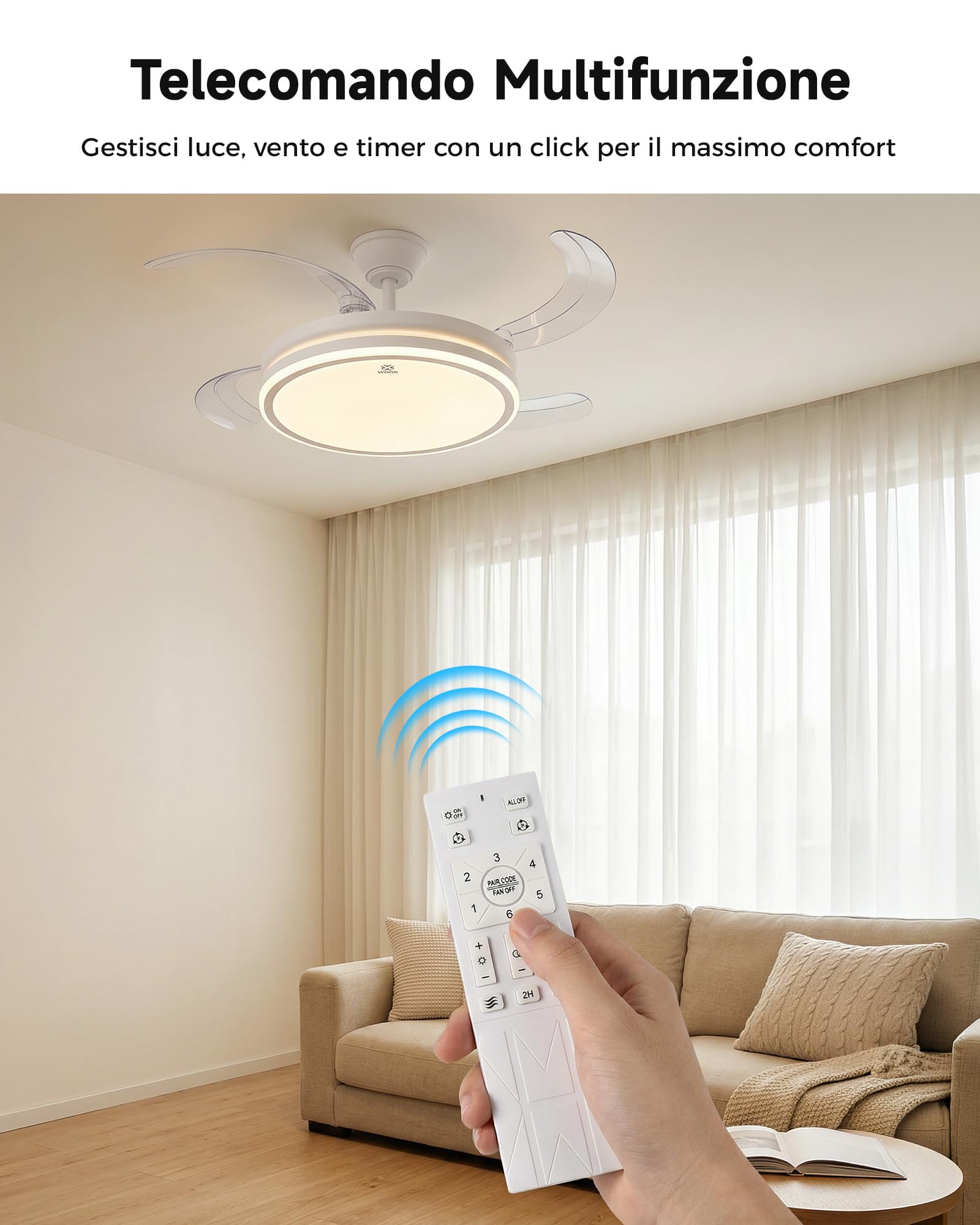 WOOX Ventilatore da Soffitto con Luce, 107cm Lampadario Ventilatore DC | 4 Pale Retrattili Invisibili, LED 50W Dimmerabile (CCT), 6 Velocità, Silenzioso, Estate/Inverno, Telecomando