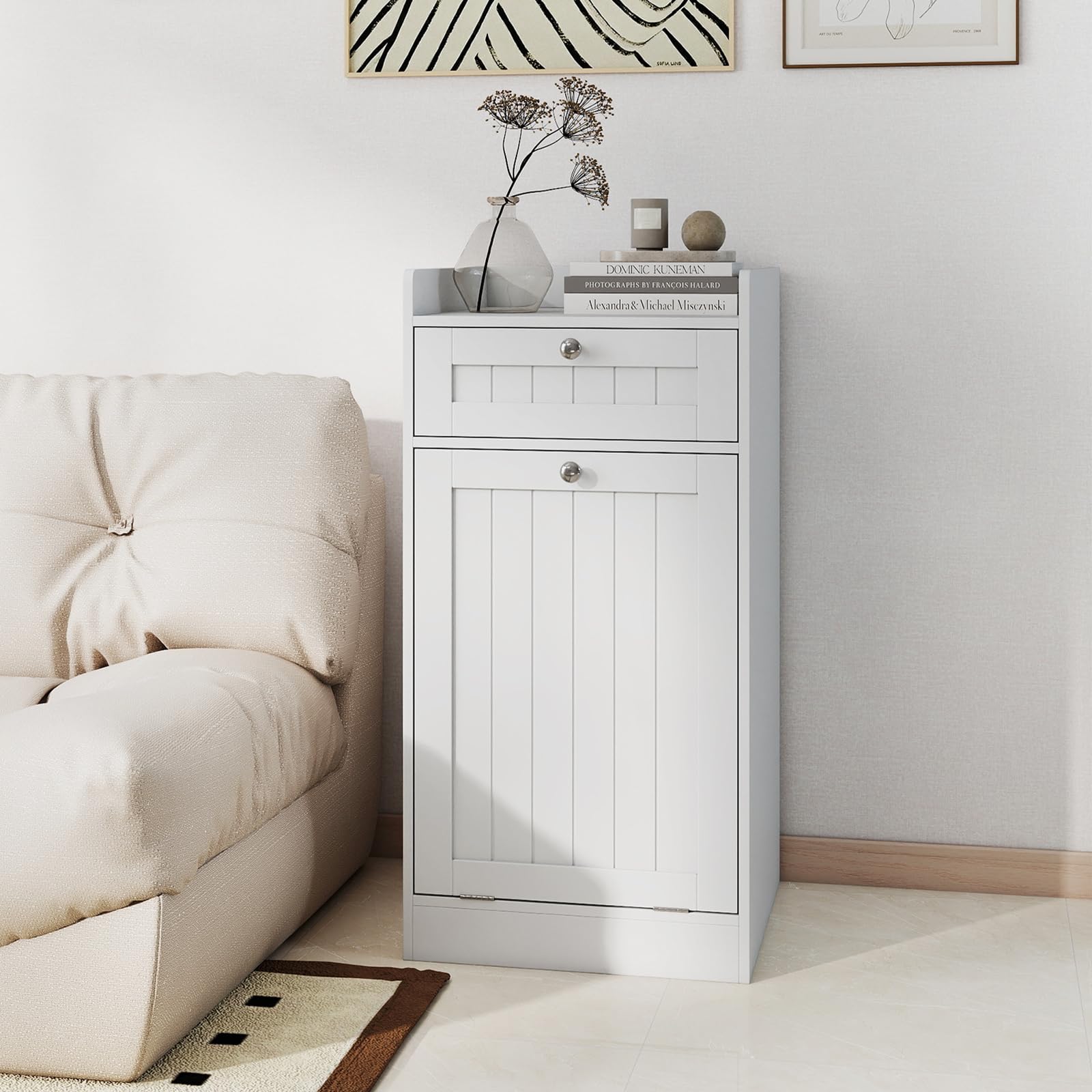 COSTWAY Kippbarer Wäscheschrank, freistehender Badezimmerschrank mit Regal, Schublade & abnehmbarem Wäschesack, moderner Badschrank mit Griffen für Badezimmer, Weiß (40,5 x 40 x 80 cm)