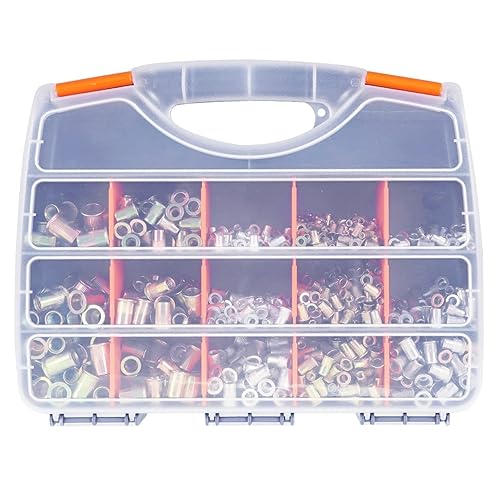 ALL-CARB Juego de 900 tuercas remachables métricas de acero de zinc, acero inoxidable, roscado de aluminio, tuercas de remache, kit surtido de