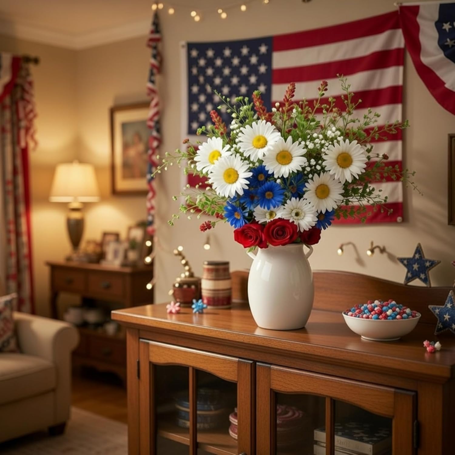 Lyrow 8 Pcs 4th of July 250th Anniversary Artificial Flowers Red White and Blue Patriotic Flowers Picks Daisy Decoration Independence Day Fake Silk Wildflowers Bouquet for Table Home Vase Memorial