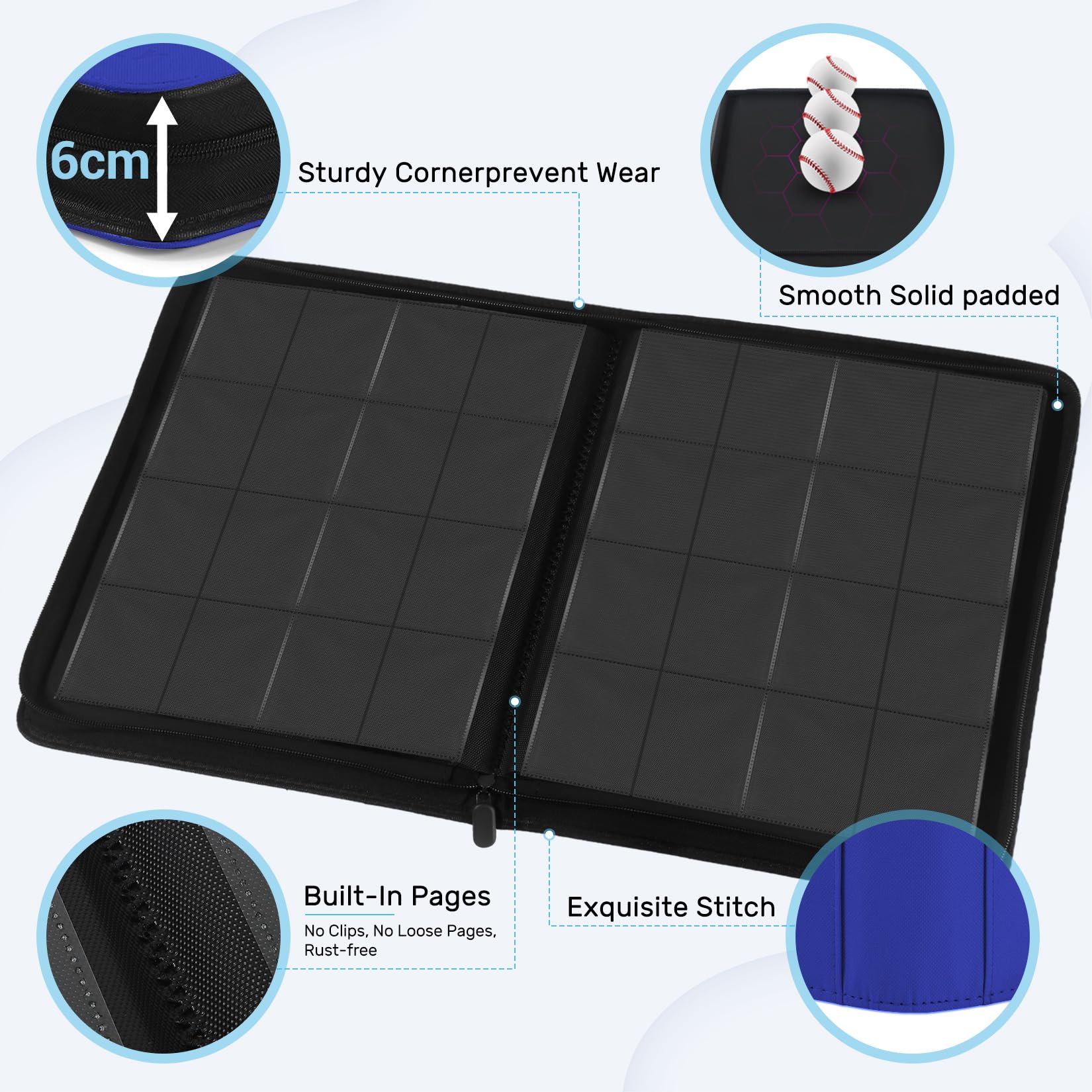 WITHYU Album da Collezione per Carte 16 Tasche - Capacità 1024 Carte, Portacarte Impermeabile & Resistente con Tasche Laterali per TCG/Gioco/Sport, Design Senza Anelli con Zip (Blu Scuro)