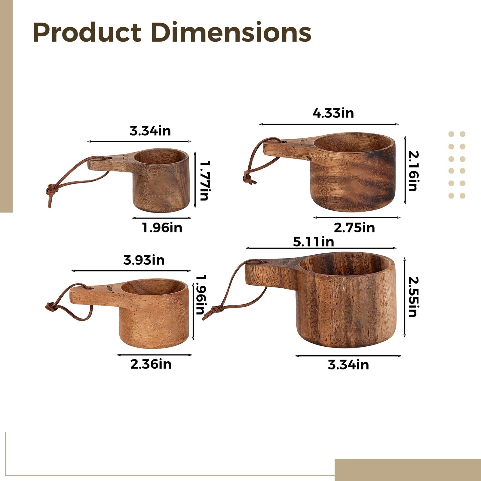 Juego de 4 tazas medidoras de madera, hechas de madera de nogal sudamericano, grabadas para hornear y cocinar, diseño de anidación