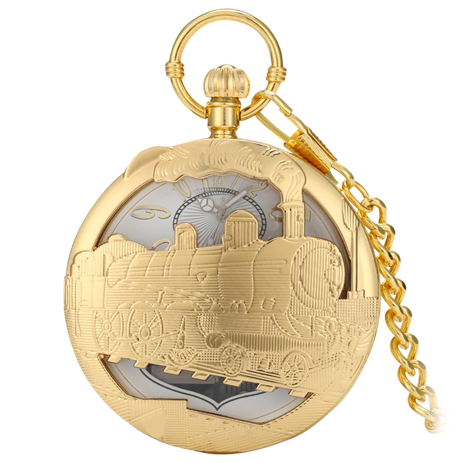 Musical Reloj de Bolsillo Coleccionable Vintage con Movimiento de y Cadena Caja Musical Retro Grabada Accesorio Único para Hombre Mujer, tren de oro, unico
