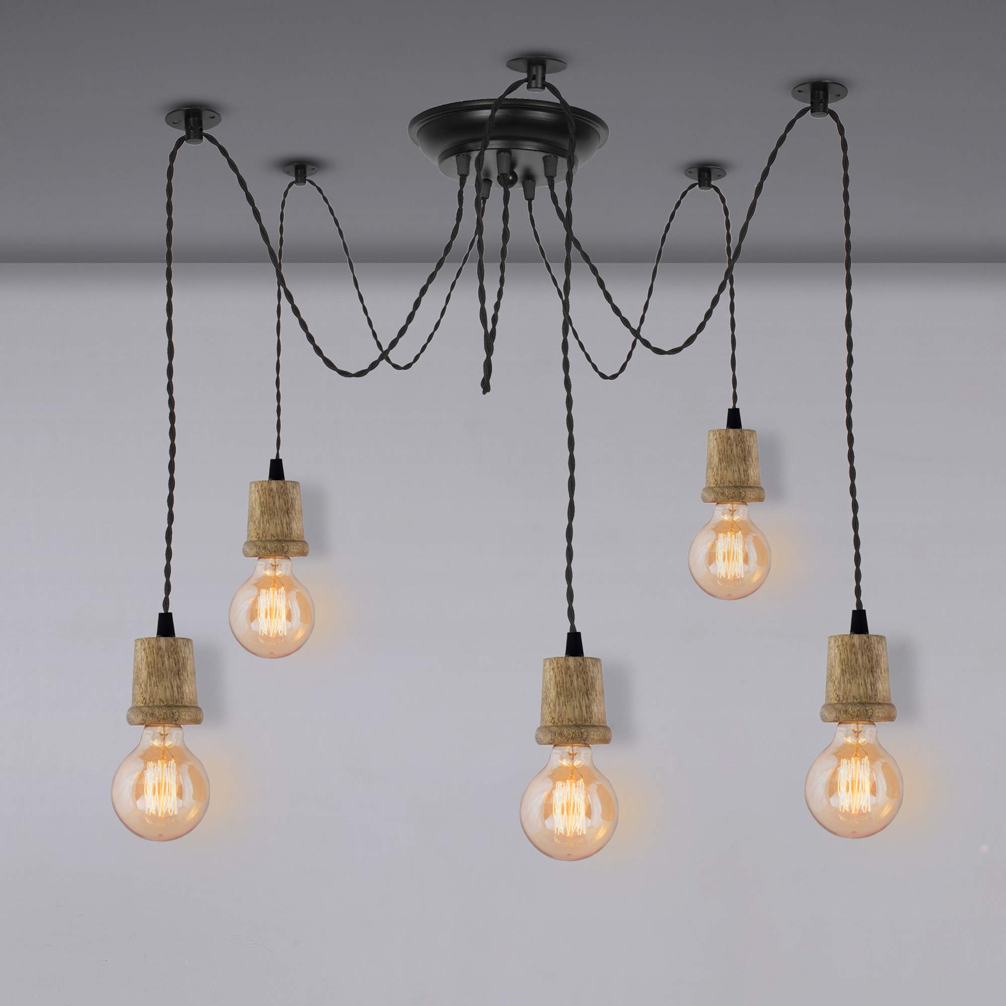 Homesake® Spider Chandelier Lamp Natural Taper Holder, Vintage Edison Style E 27 Adjustable DIY Ceiling Pendant Light E27 Rustic Cluster Hanging Light(1.25 M, Black Twisted Wire) (5 Arms)