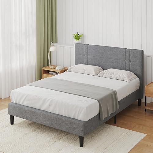 Novilla Base de cama tamaño Queen con cabecera y soporte de listones de madera, marco de cama tapizado Queen no necesita somier, fácil montaje, gris
