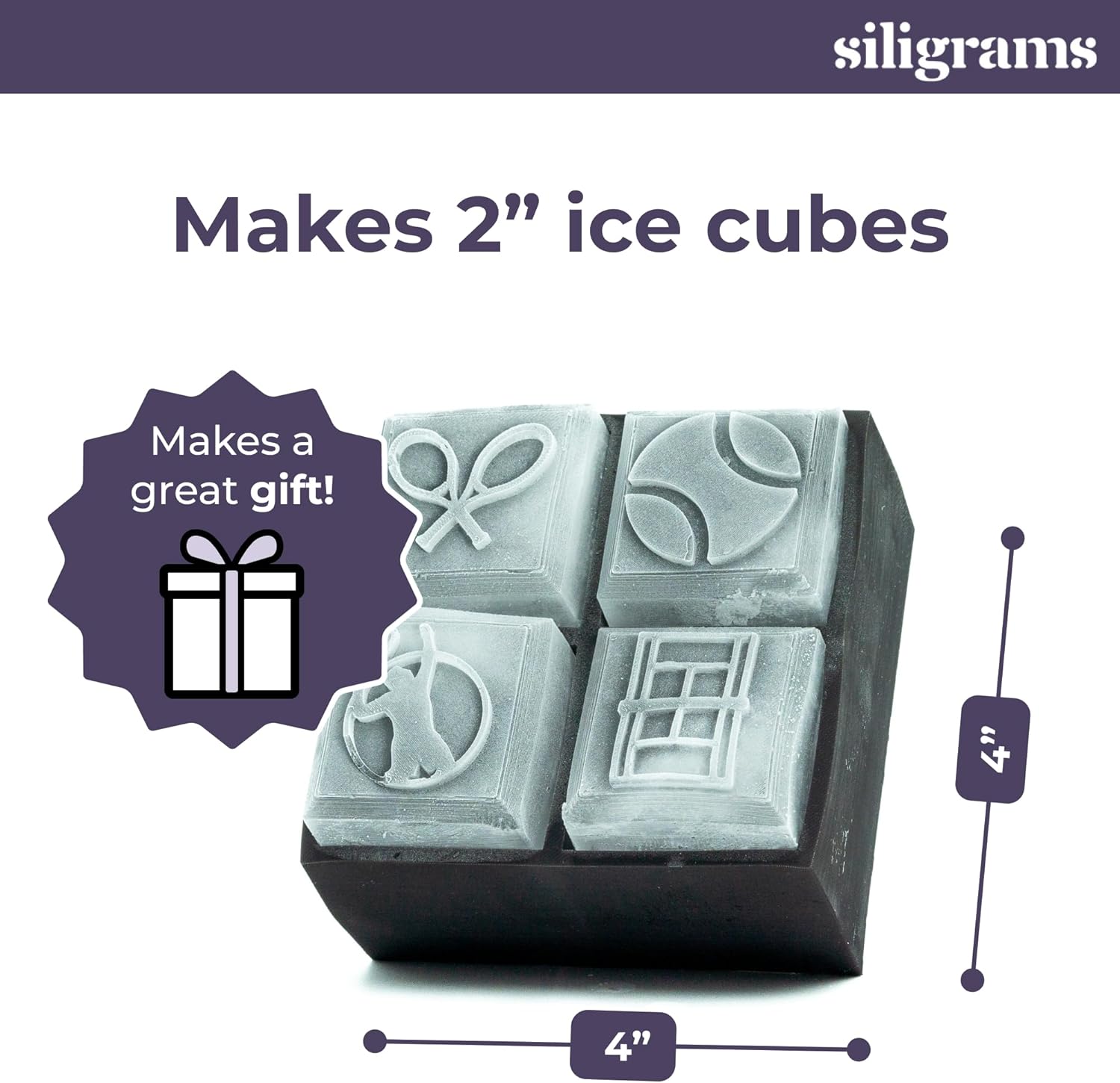 SILIGRAMS - Tennis Ice Cube Mold Tray - Bartender 2" Cocktail Ice Tray Molds for Whiskey - Custom Personalized Ice Cube Mold - Monogram Designer Ice Tray - Reusable Silicone Ice Trays