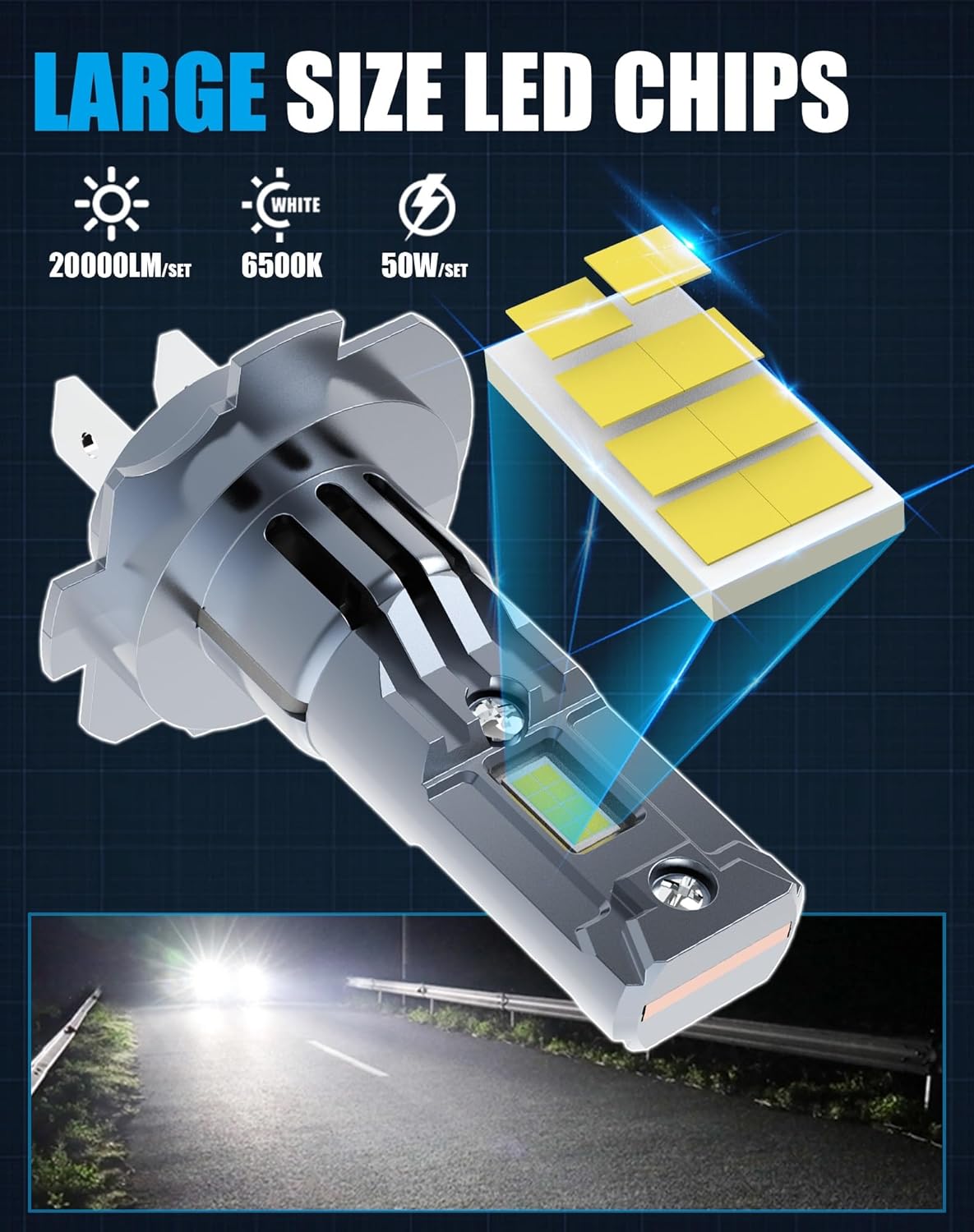 LED Bulbs Combo Compatible with Hyundai Sonata 2011 2012 2013 2014, H7 High Beam H7 Low Beam and H11 Fog Light, 50W 6500k White Plug and Play, 6-Pack