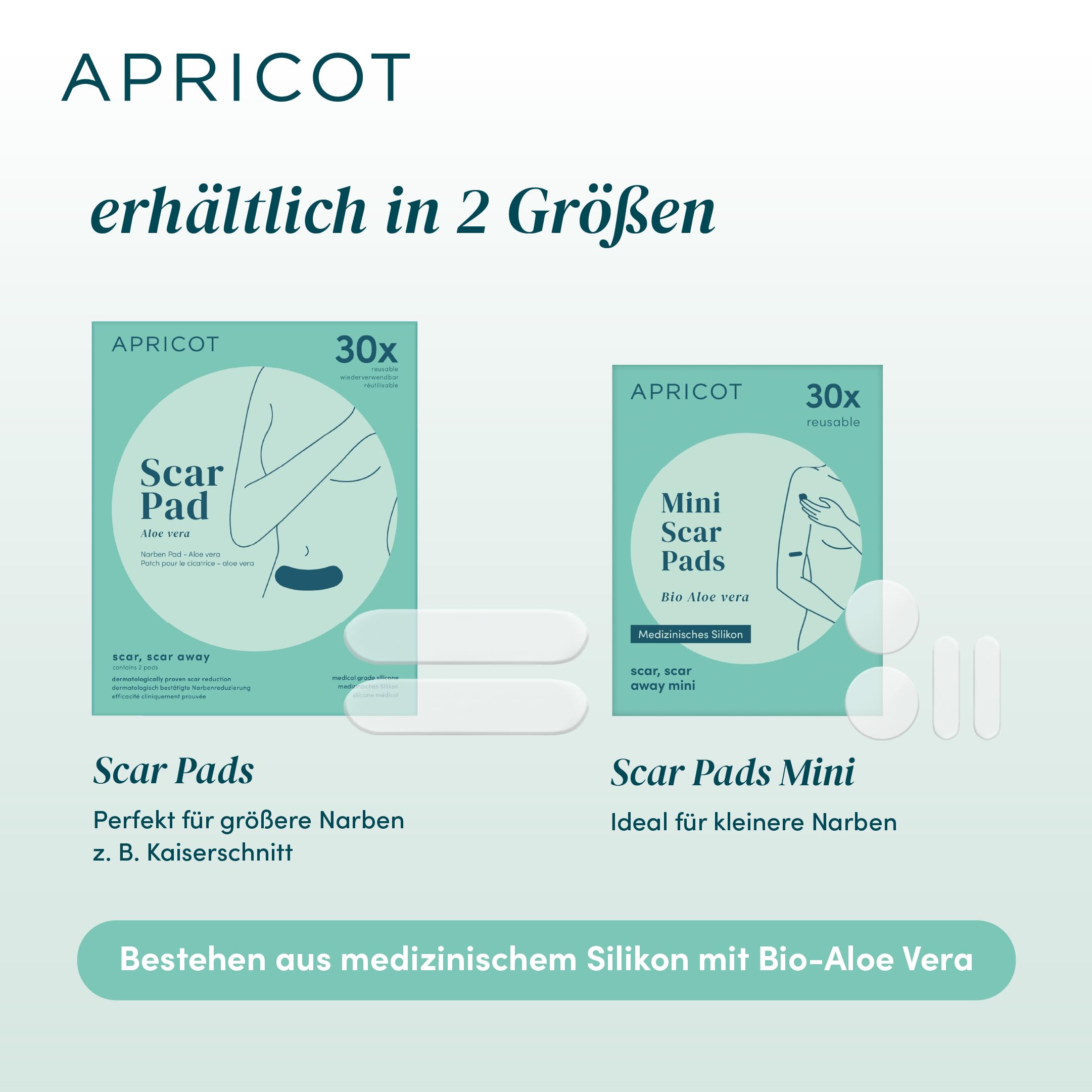 APRICOT 2x Silikon Narben Pad mit Bio-Aloe Vera aus medizinischem 16,5cm x 3,5cm - 30x Wiederverwendbar - Silikonpflaster für Narben, Narbenpflaster Silikon, Kaiserschnitt Narbenpflege OP