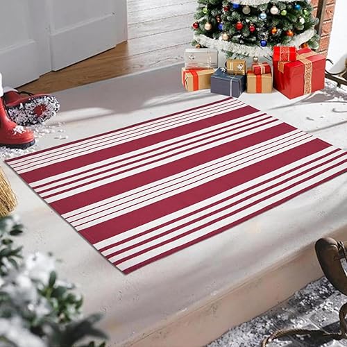 Miniatura 6 de USTIDE Alfombra de rayas rojas y blancas de 23.6 x 35 pulgadas, de algodón, reversible, tejida a mano, lavable, para porche, entrada, lavandería,