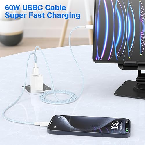 Vista 96 de Carplay - Cable de carga USB C para iPhone 16 15 Pro Max, paquete de 4 [3/3/6/6 pies] 60 W USB C a USB C cable y USB A a USBC cable de carga rápida