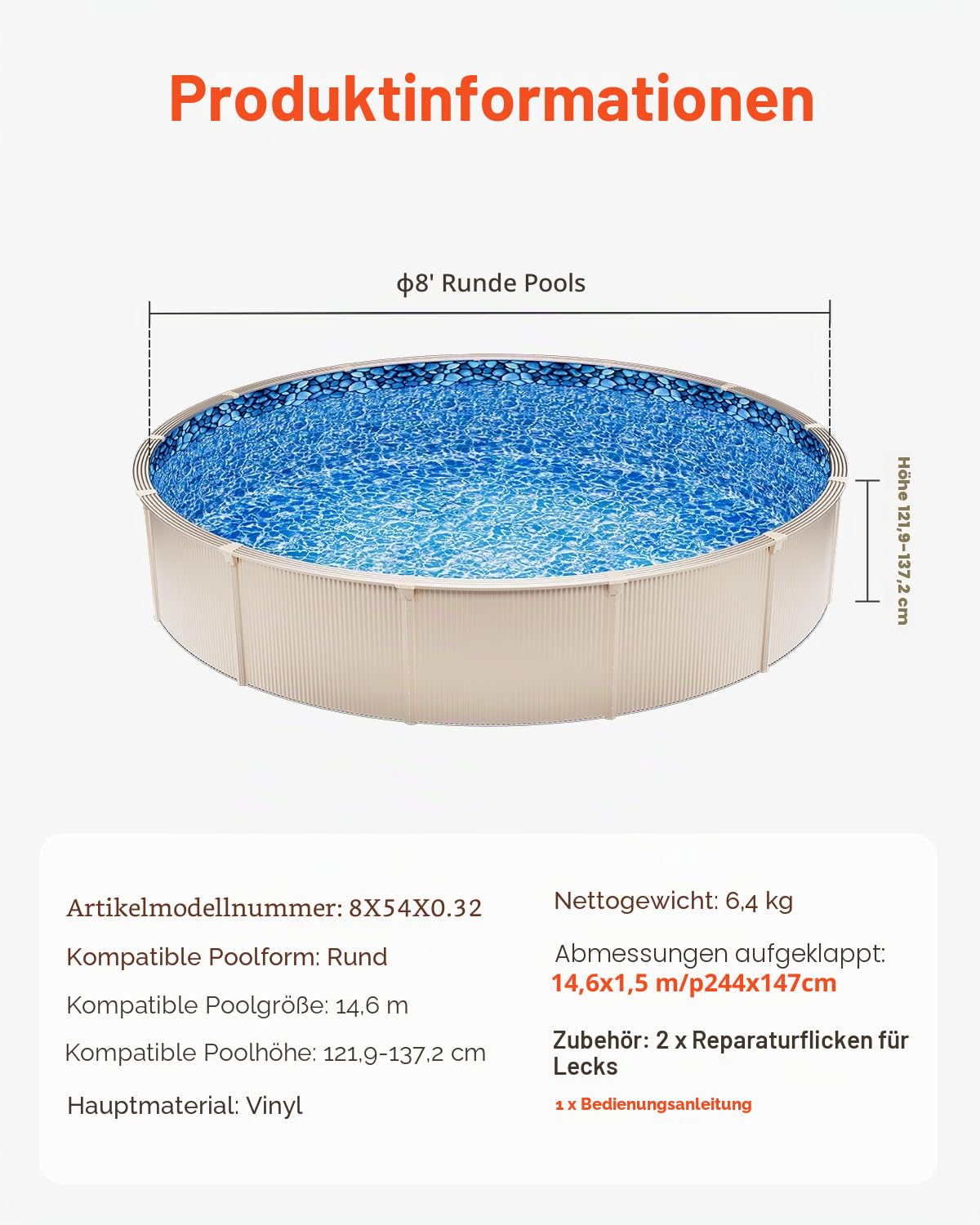 VEVOR Runde Poolfolie, φ244x147 cm, Innenfolie, Ersatzfolie, Innenhülle, Schwimmbadfolie, Folie aus Vinyl im Überlappungsstil mit Standardstärke, verschleißfest, für Aufstellpools mit 137 cm Wandhöhe
