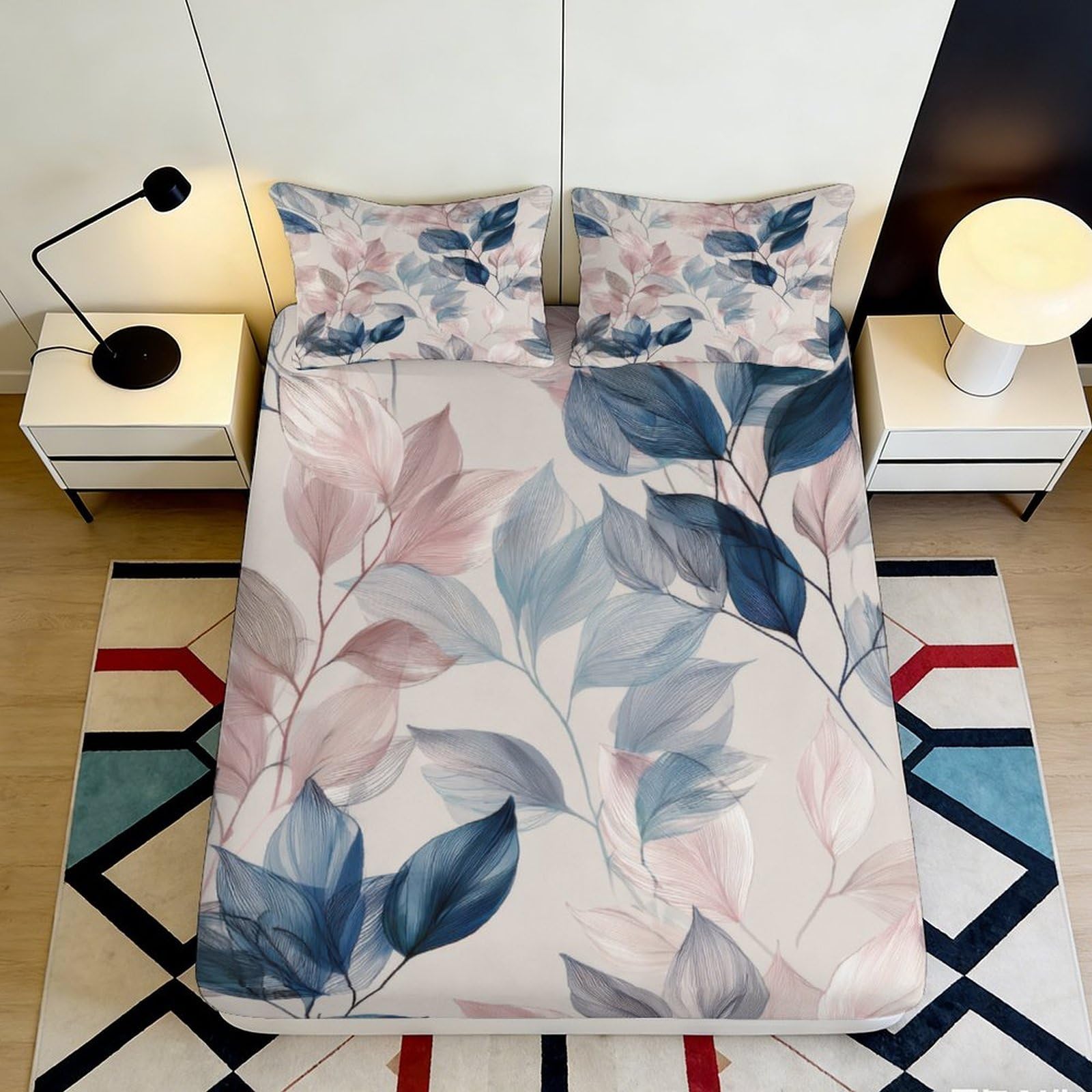 3D Printed Floral Leaf Fitted Sheet Microfiber Soft Breathable Pastel Botanical Bed Cover for Bedroom Dorm Decor 90x200x25cm