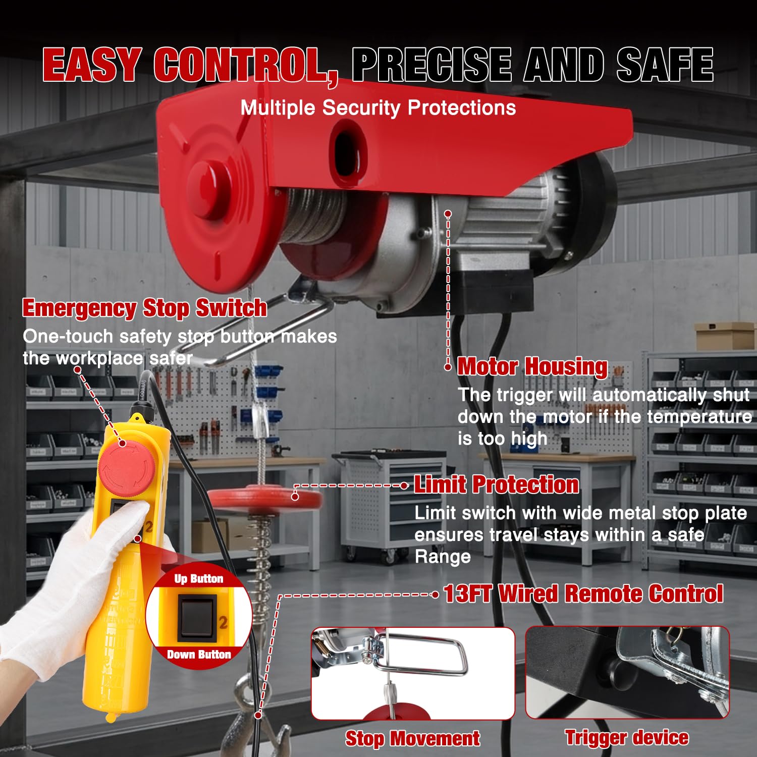 Nilight Treuil électrique 110 V avec télécommande filaire, 200 kg, levage simple/double, hauteur de levage de 19 m, outil de manutention avec arrêt d'urgence pour garage, entrepôts, usines, grenier