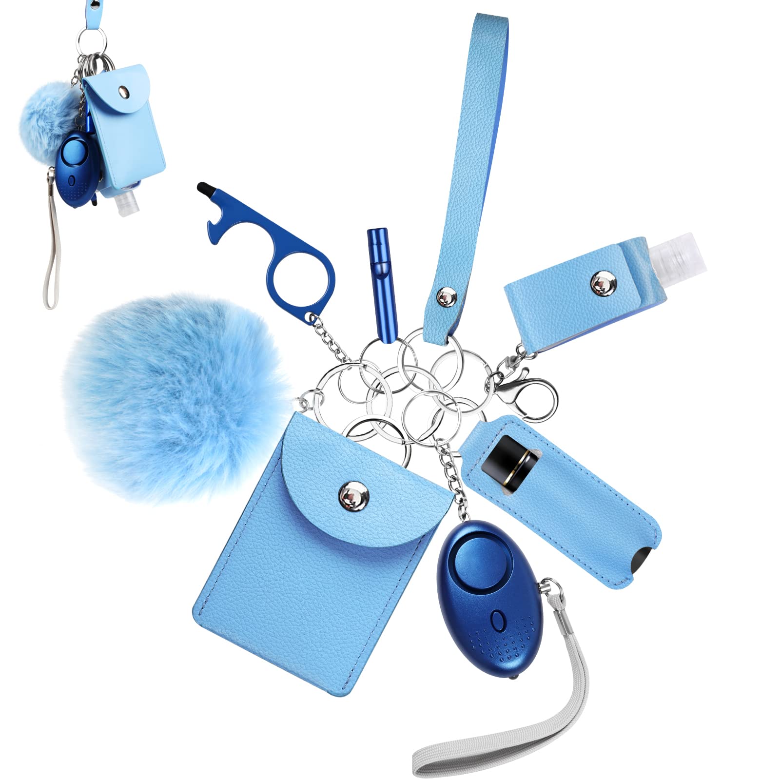 Keychain Set for Woman with Personal Alarm, Card Wallet, Wristlet Strap, Pompom Keychain, Gifts for Women and Girls