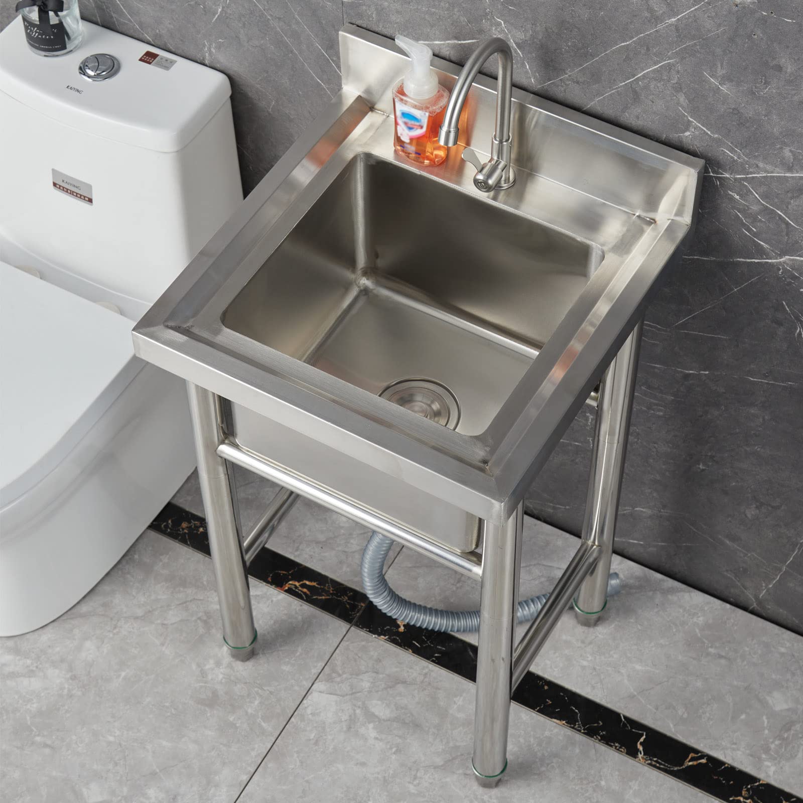 Lavello in Acciaio Inox Autoportante 1 Vasca, Lavandino Commerciale con Rubinetto Lavello da Cucina Professionale per Cucina, Ristorante, Bar, Caffè, Garage, Interno e Esterno,50×50×80 cm