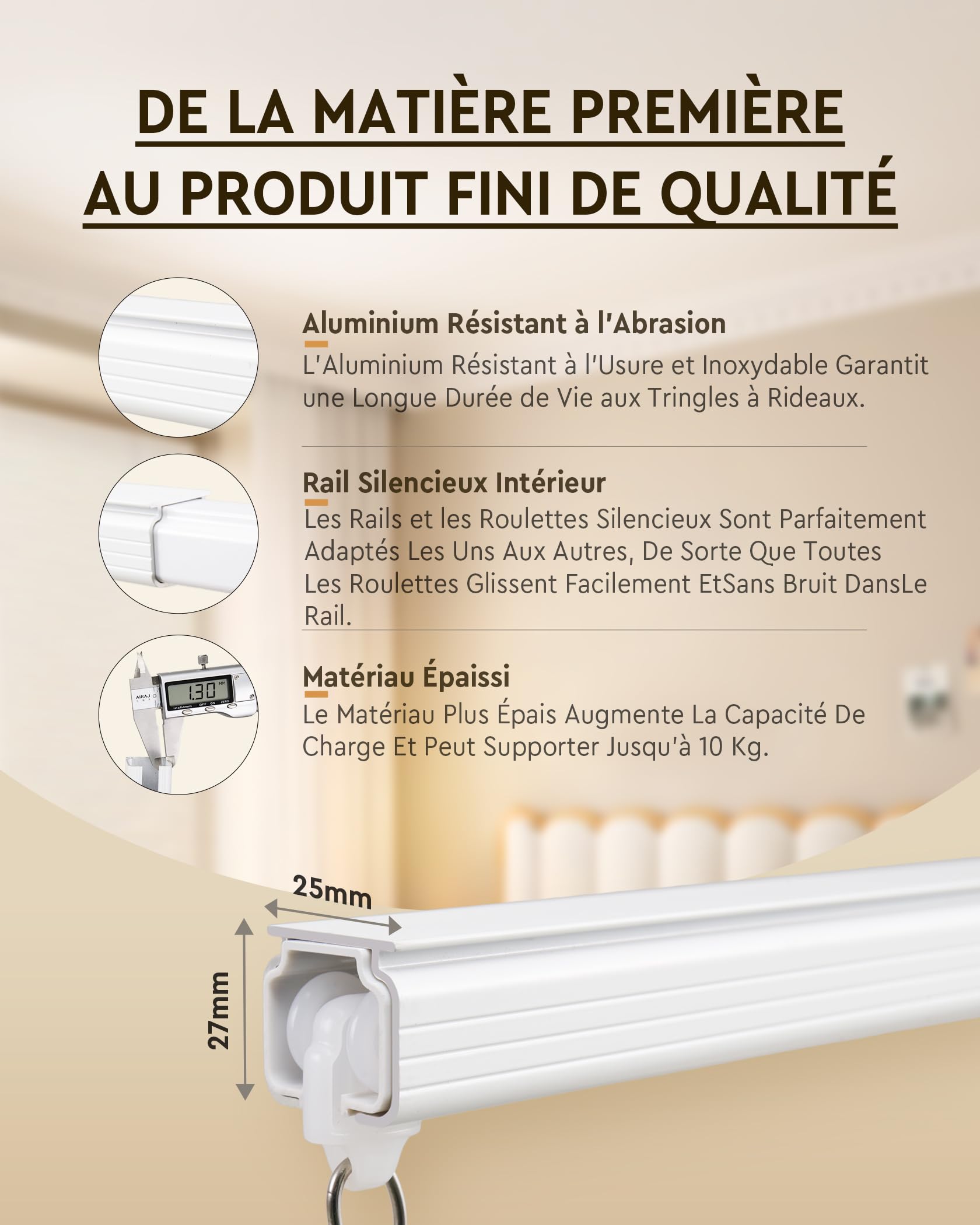 Rail à rideaux 2.5 m en aluminium, tringle à rideaux à un rail, blanc, montage au plafond, système de rails à rideaux pour cloisons, balcons, intimité (2 rails)