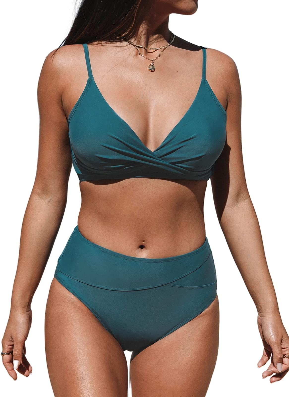 CUPSHEWomen's Twist Front High Waisted Bikini Set V Neck Padded Two Pieces Bathing Suits Swimsuits
