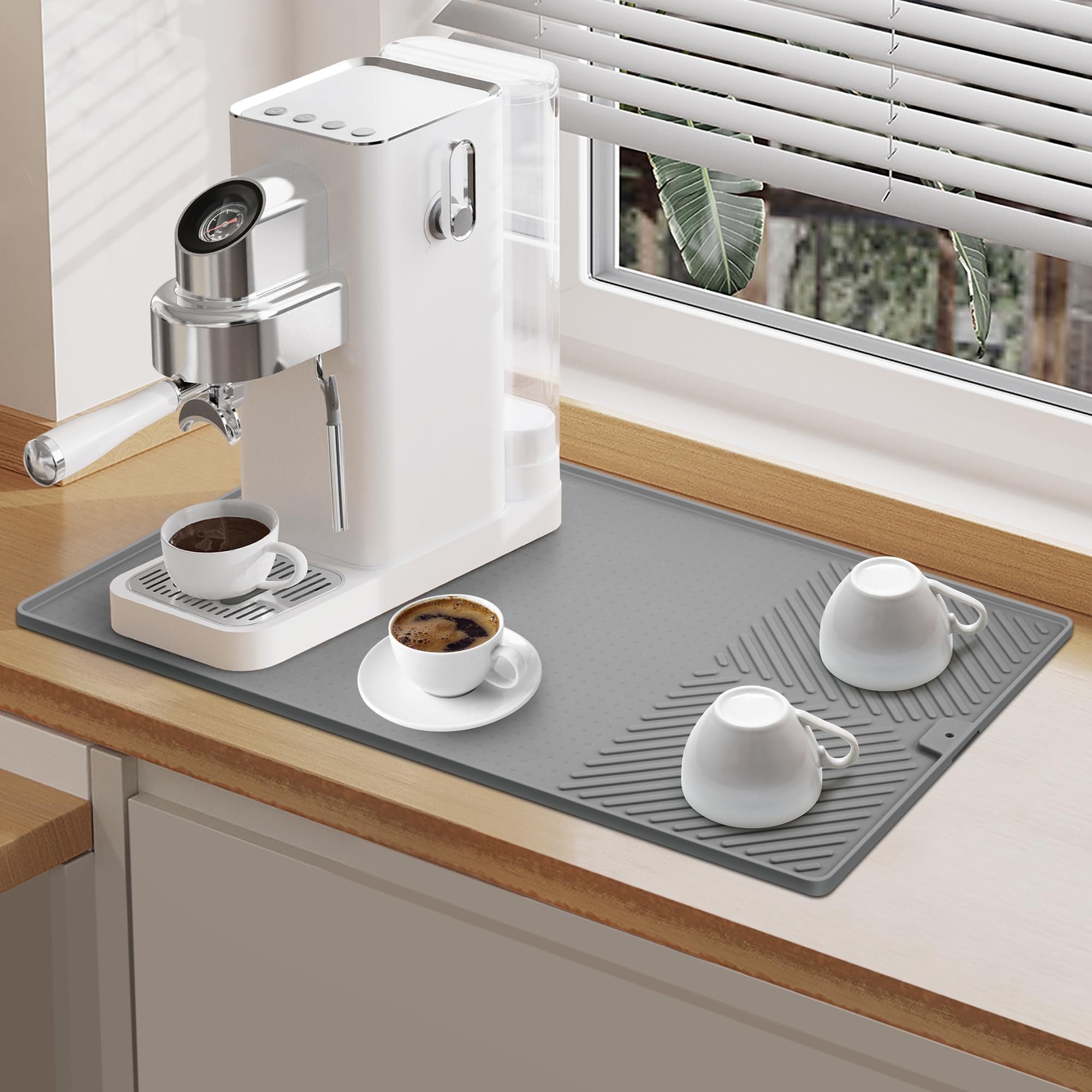 Silicone Heat Resistant Mat for Coffee Maker,24''x16''x0.36''-for Fit Coffee Pot Espresso Machine Most Air Fryers Bottom Silicone Mat-Protects Countertops From Damage and Scratches Gray