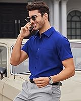 Vista 157 de Alimens & Gentle - Camisas de vestir con bolsillo y manga corta, de color liso y sin arrugas, estilo casual con botones, para hombres