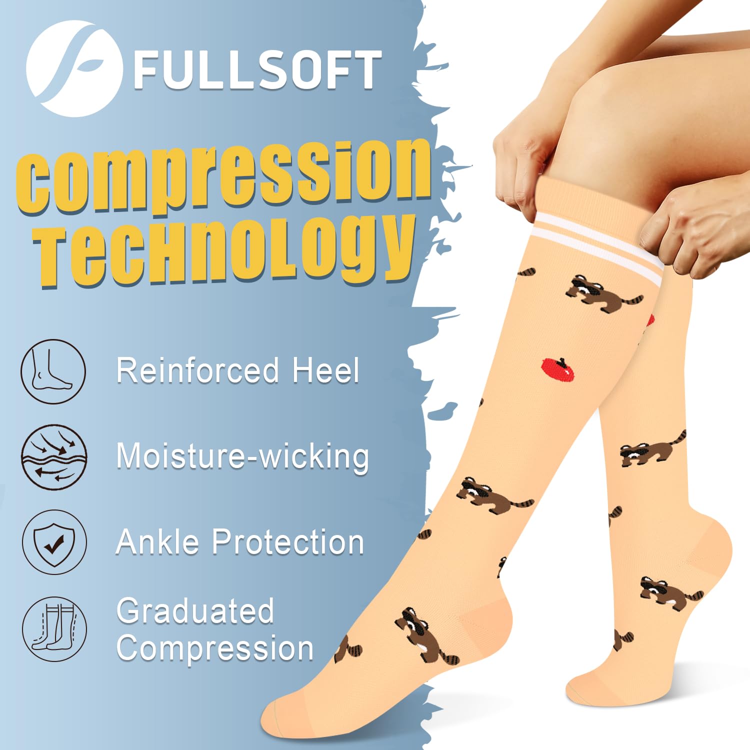 FULLSOFT 6 pares de calcetines de compresión para mujeres y hombres, 15-20 mmHg de soporte hasta la rodilla para enfermeras, atletismo, vuelo (6 pares de animales, grande-XL)