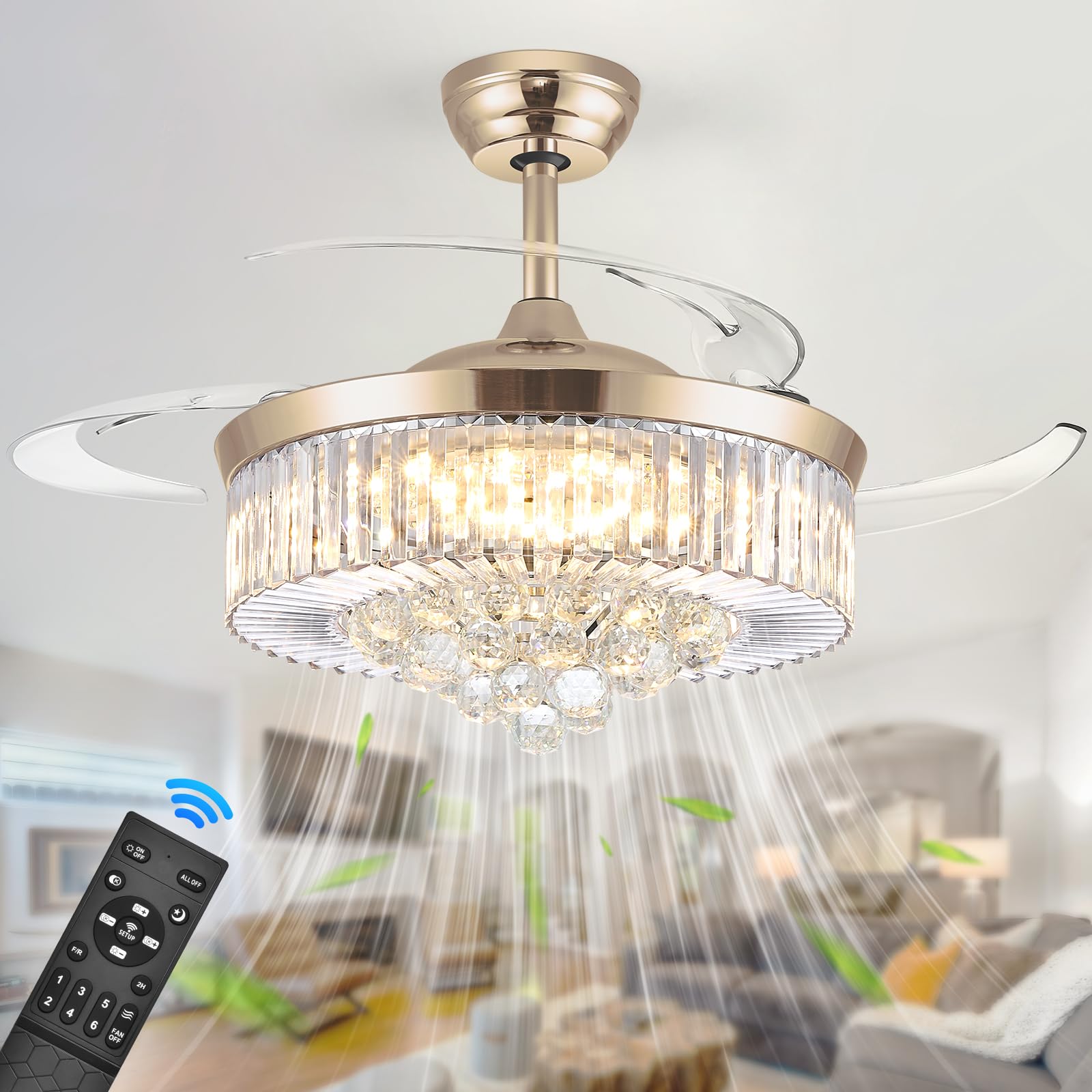 48'' Modern Chandelier Ceiling Fan with Timer, Silent Motor Fandelier Crystal Ceiling Fan with Light and Remote Control, Retractable Blade Fandeliers for Bedroom, 6 Speeds, 3 Colors, Gold