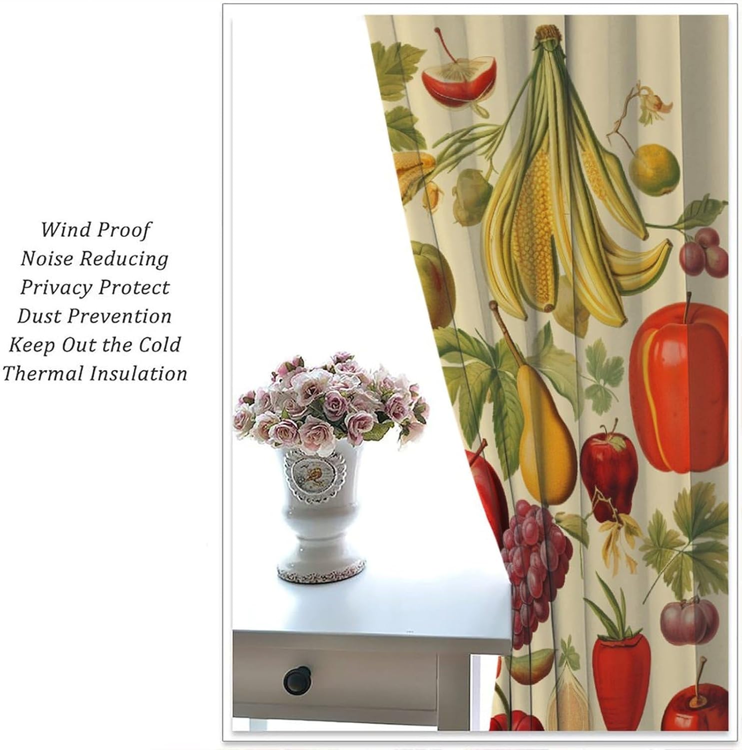 Vegetable And Fruit Curtains, Healthy Natural And Delicious Food Illustration Continuous Pattern, Kitchen Living Room Window Treatment Bedroom Decoration Personality Blackout Curtains 42x45in