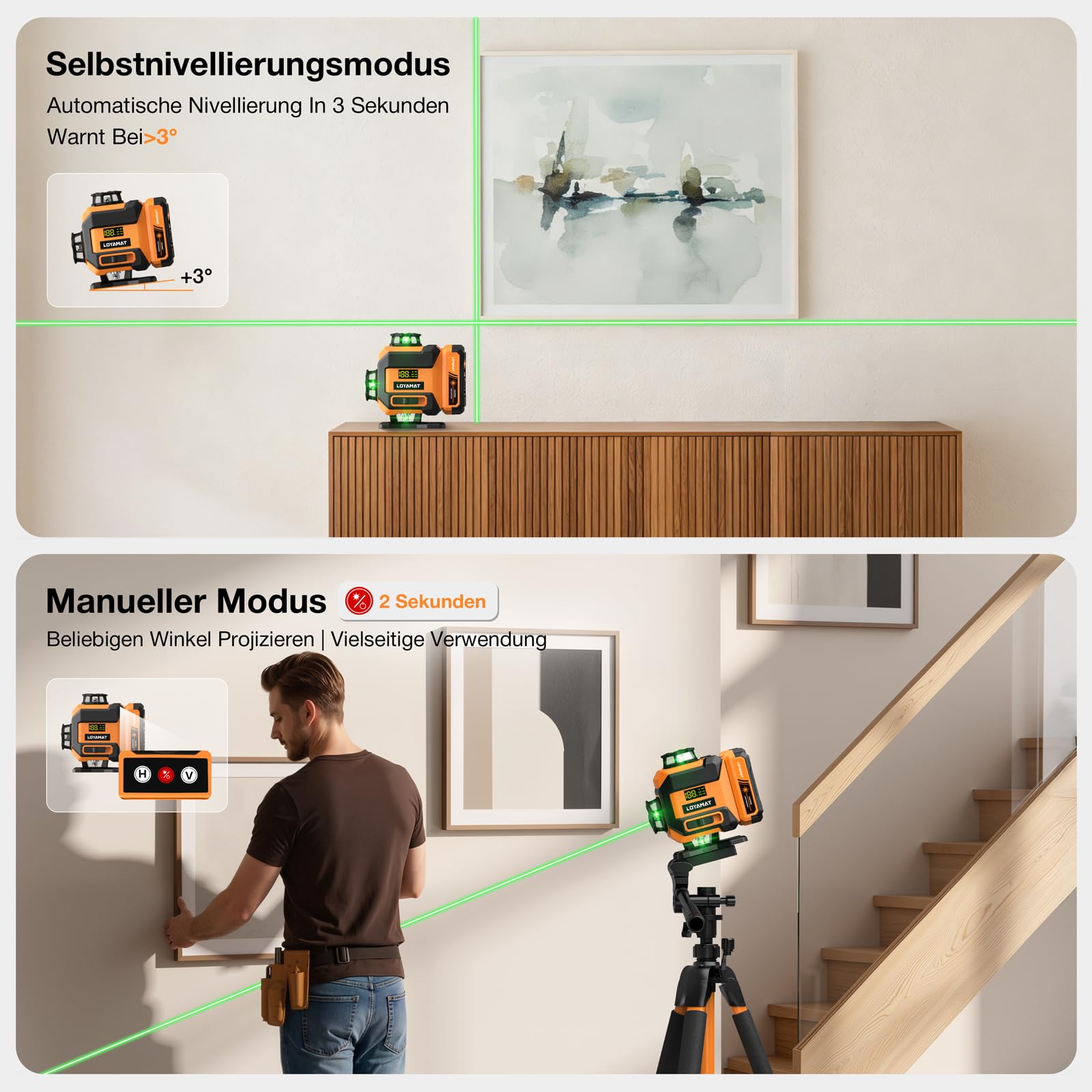 16-Linien grüner Kreuzlinienlaser, Laser-Wasserwaage mit Stativ – 4×360° selbstnivellierender Laser Grünkreuzlaser für Bauarbeiten, Fliesenlegen, Holzarbeiten – Fernbedienung, 2×5400 mAh Akkus & IP54