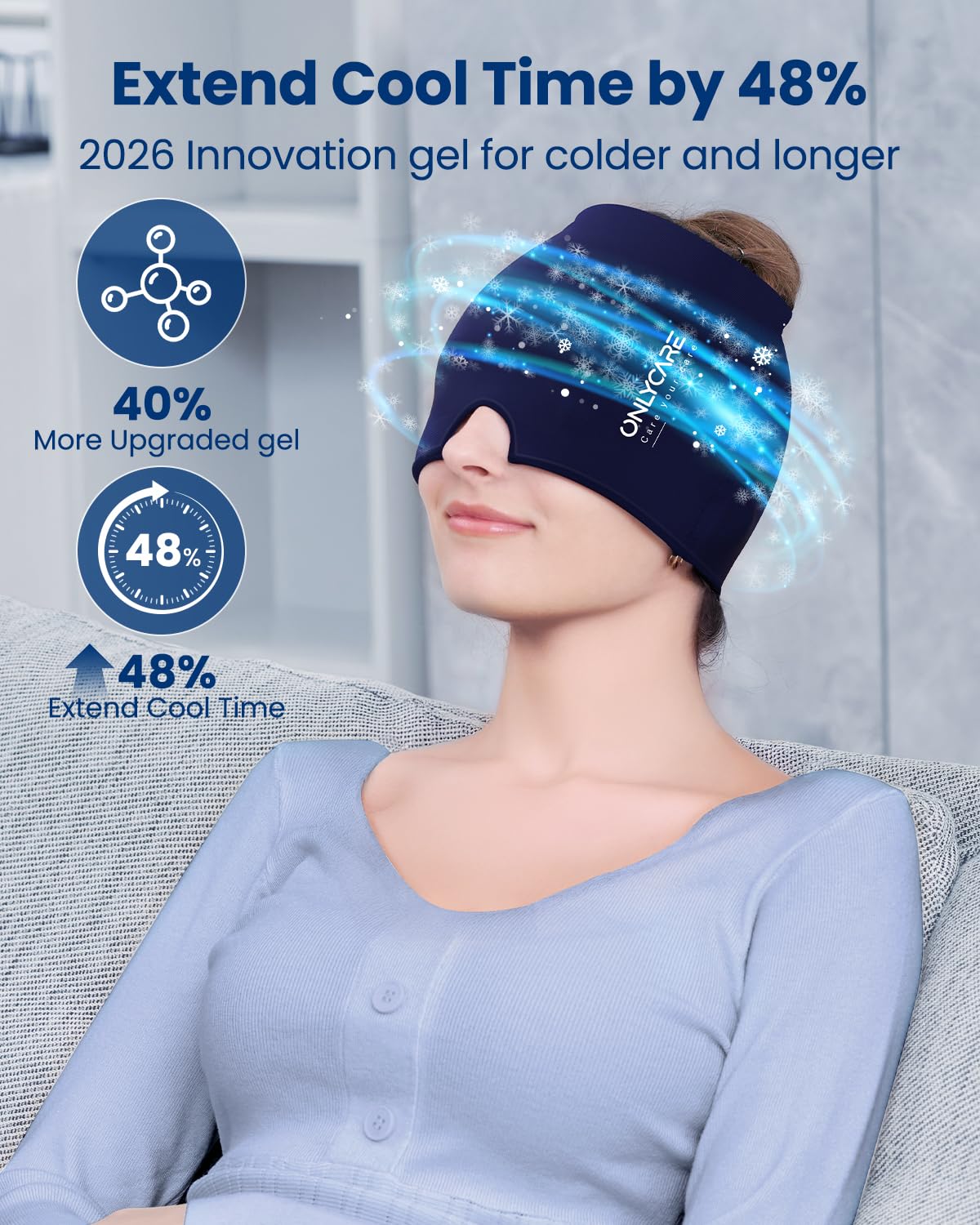 ONLYCARE Maschera rinfrescante per emicrania, con gel a 360°, per alleviare emicrania, mal di testa, blu notte
