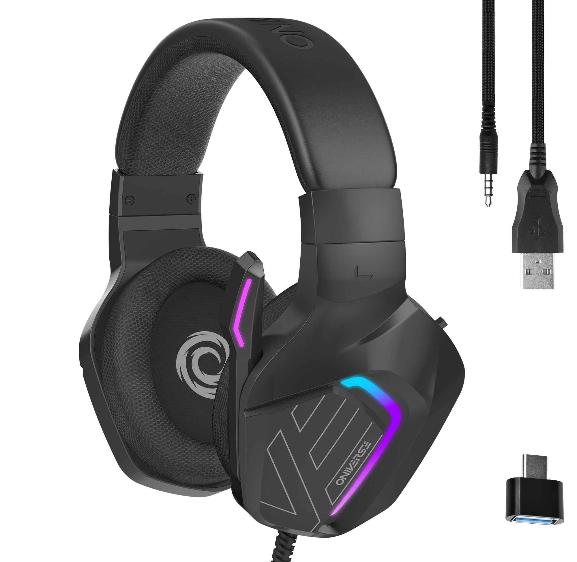 Oniverse - Auriculares para juegos con cable con micrófono ajustable, compatible con PS5 PS4 Switch Xbox PC Mac, Auriculares LED para gamer, altavoces de 50 mm, cómodos y transpirables, con cable Jack