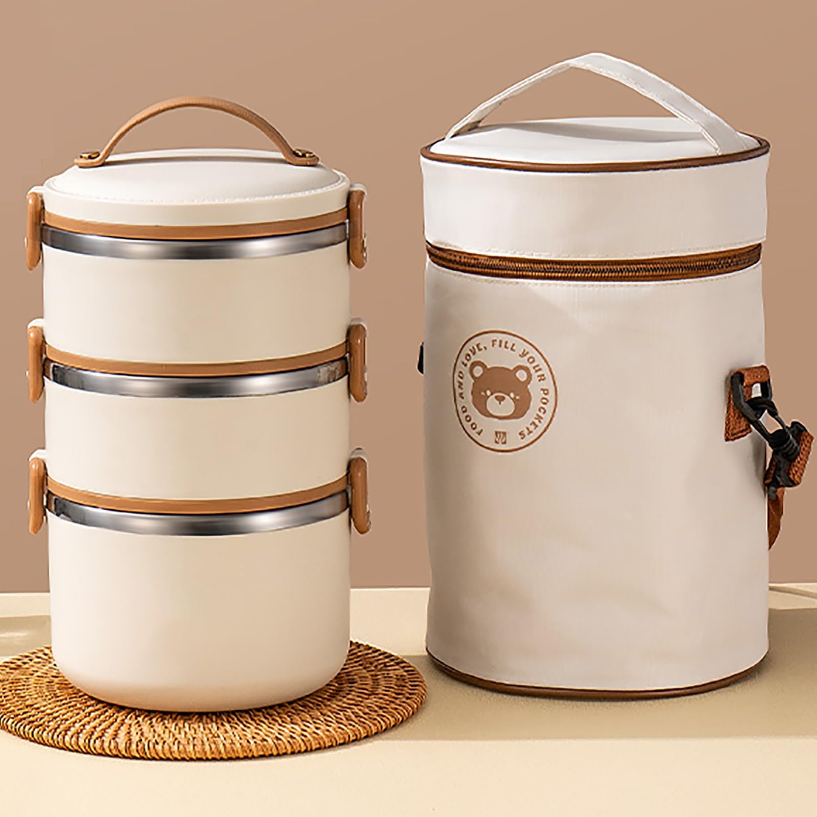Loncheras, Lunch Box Adultos, Bento Box, Fiambrera De Acero Inoxidable con Aislamiento Circular, Contenedores de Almuerzo Apilables Portátiles, Juego de Utensilios Incorporado, Beige, Tres Capas(Large