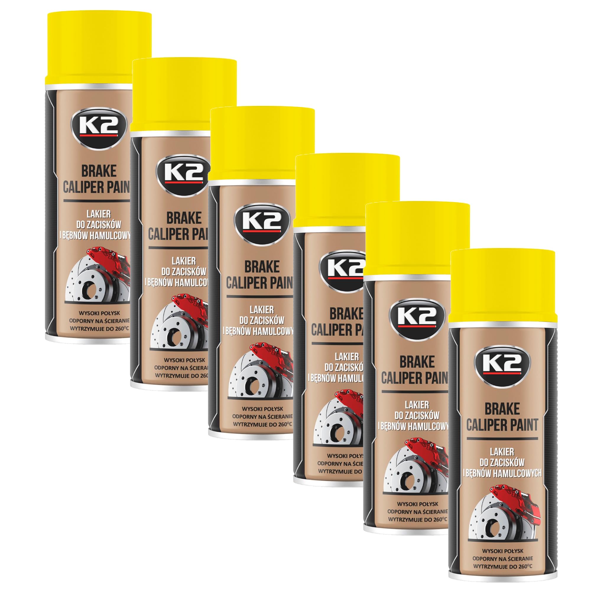 K2 Pintura para Pinzas de Freno Anticalórica Pack de 6 Color Amarillo Alta Resistencia a Temperaturas hasta +260°C 400 ML