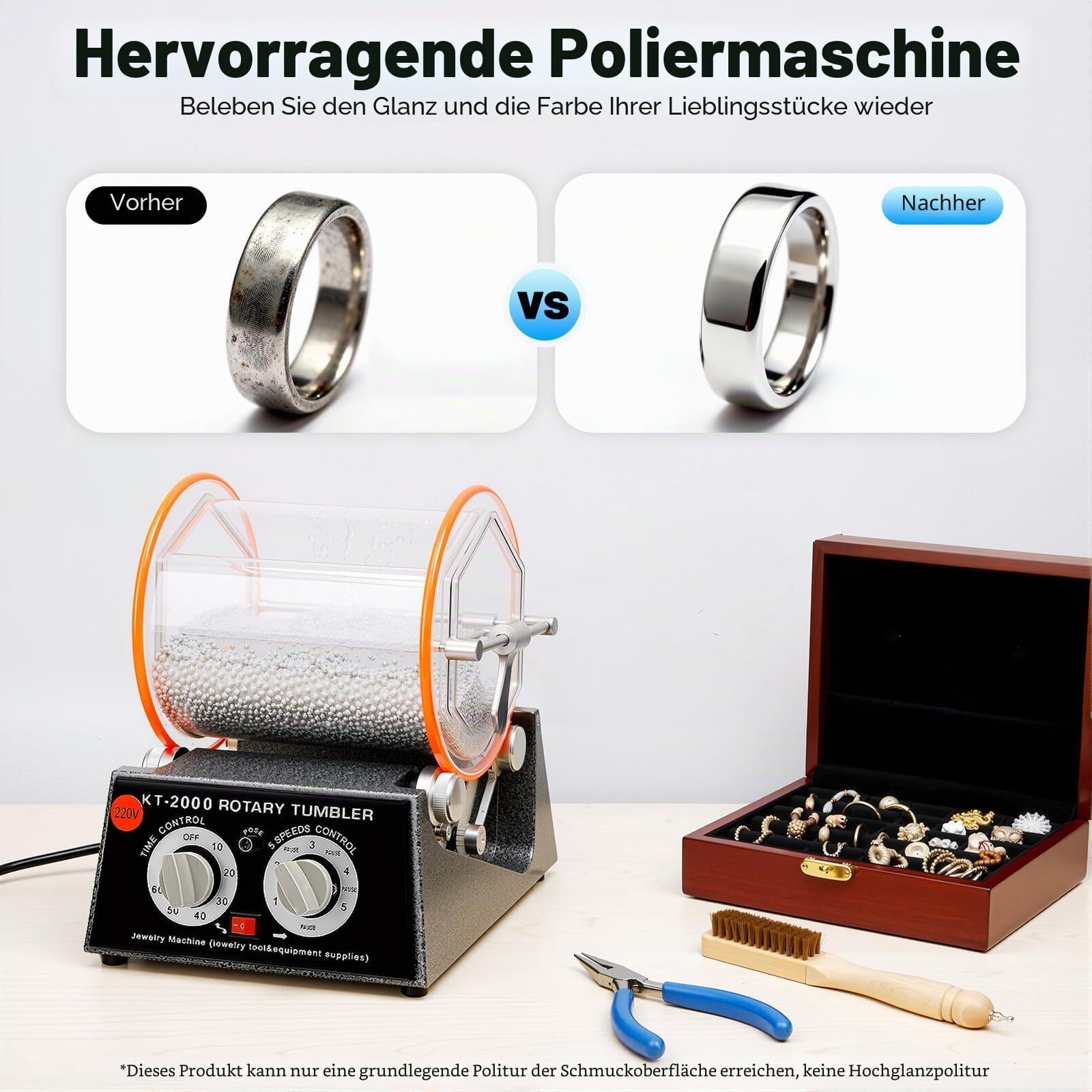 Poliermaschine, 5KG Trommelpoliermaschine 150 W, Timer 0–60 Min. | Vorwärts-/Rückwärtslauf, transparente Bauweise und abgedichtete Konstruktion für kontrolliertes Nasspolieren für Schmuck