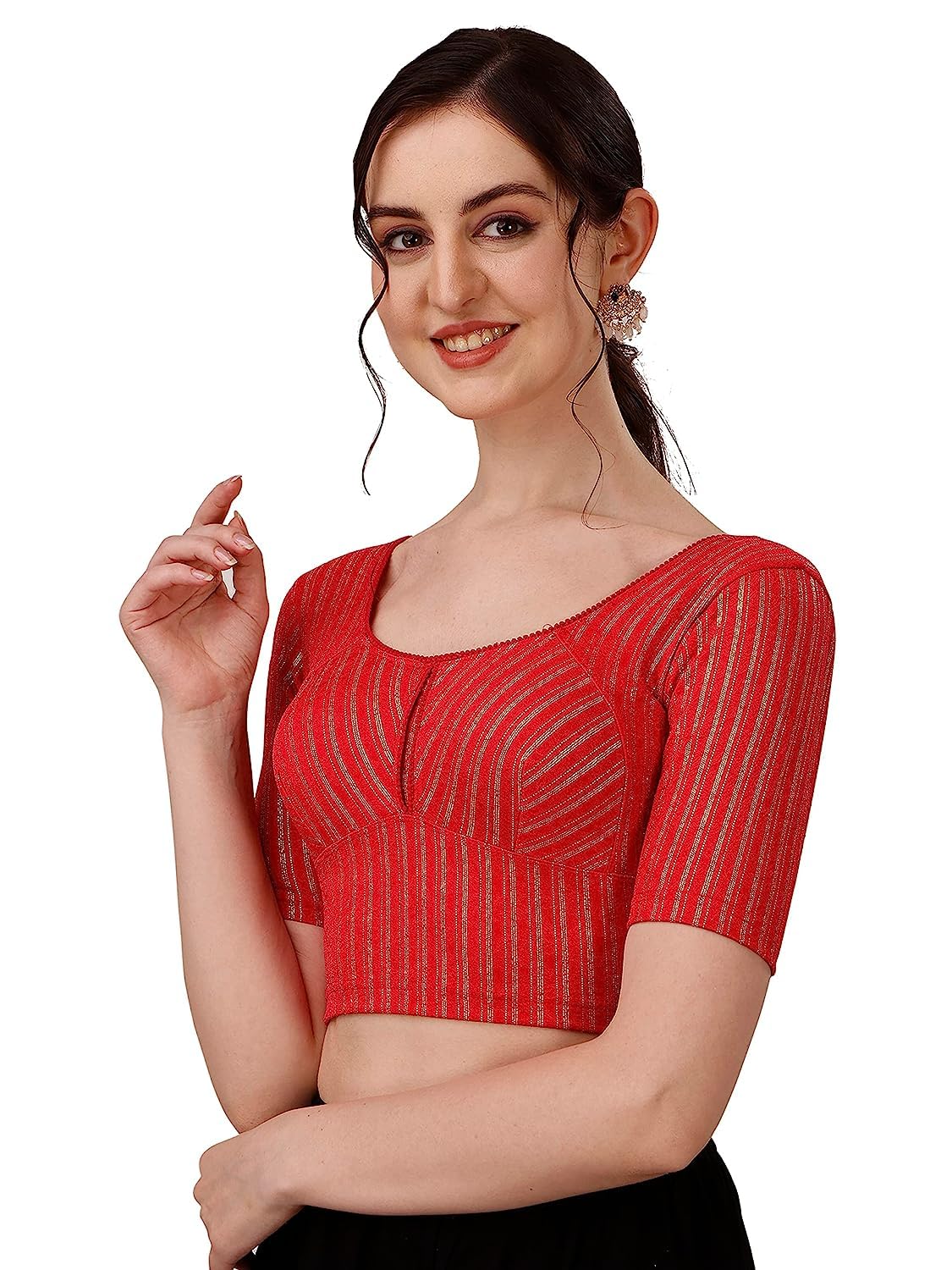 Fressia Fabrics Round Neck Cotton Stretchable Elbow Sleeve Readymade Saree Blouse for Women Stylish