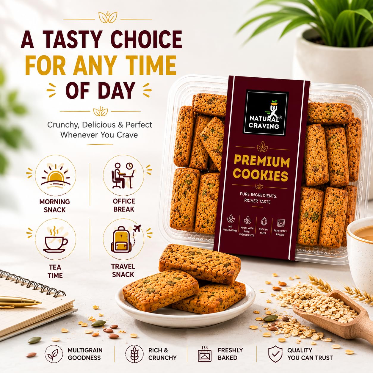 Natural Craving Multigrain Cookies 1kg | Crispy Baked Biscuits Made with Mixed Grains | Tea Time Snack | Rich & Crunchy Cookies | Premium Cookies 2