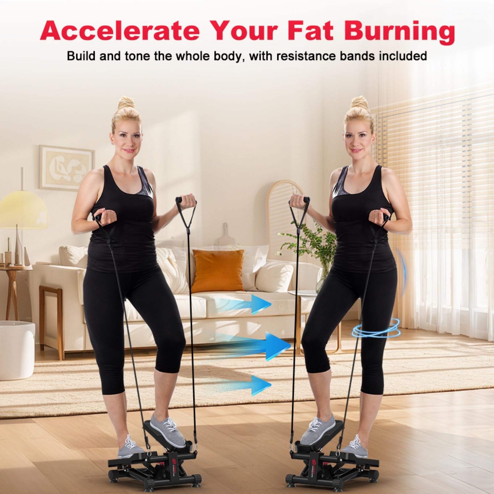 Mini stepper idraulico con fasce di resistenza – Portata fino a 140 kg, silenziosa macchina step con funzionamento e intensità regolabile per tutto il corpo