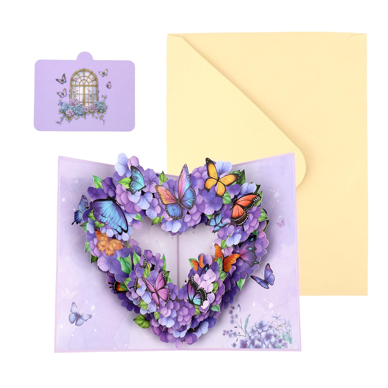 Pop Up Greeting Card, Purple 3D Flowers Butterflies Love Heart Card with Envelope & Notecard for Mom Wife Sister Grandma Aunt Daughter, Perfect for Birthday Anniversary Valentines Wedding