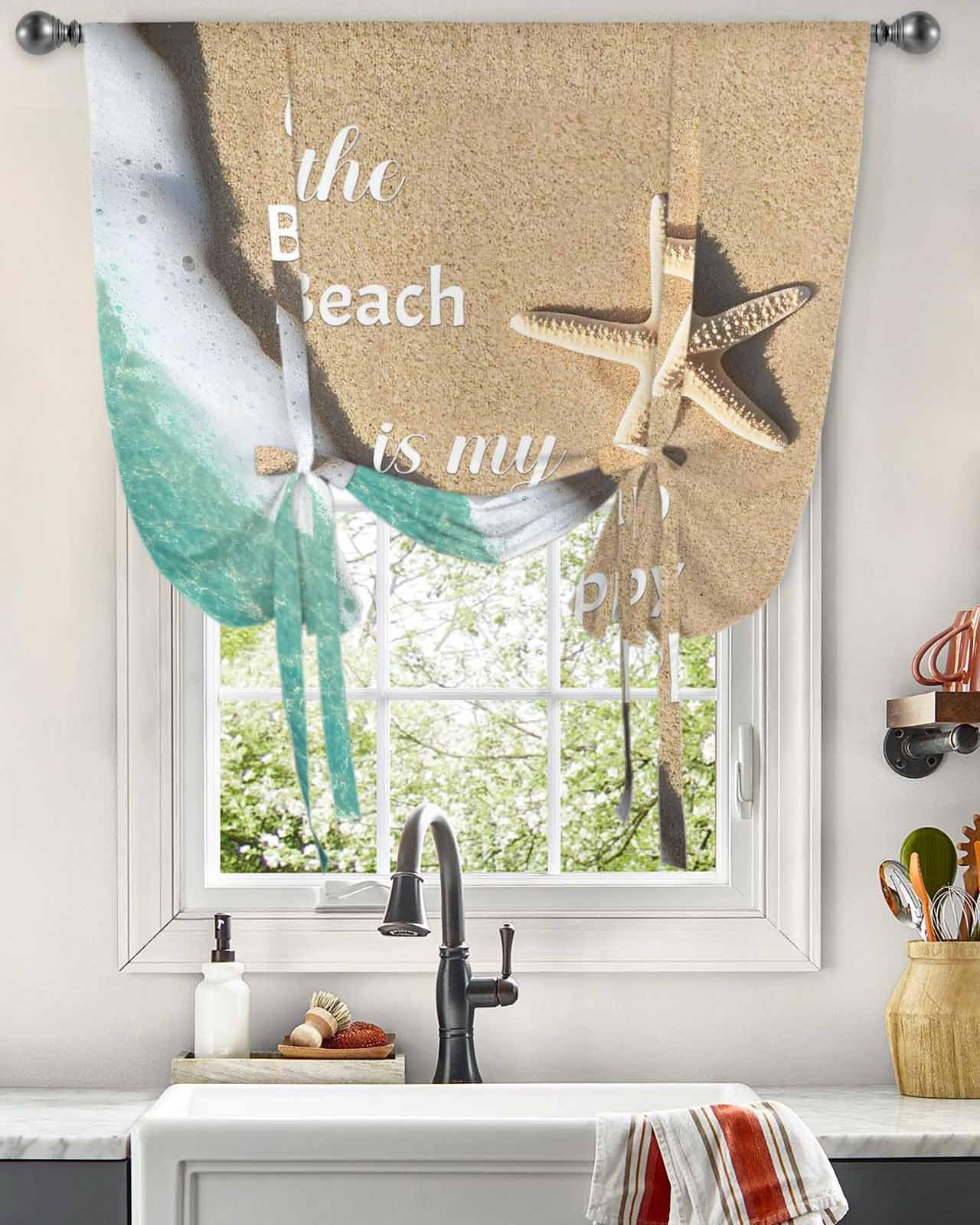 Blue Ocean Tie Up Curtains for Windows 63 Inch Length Balloon Curtains Kitchen Adjustable Balloon Window Shade Beige Starfish Beach Sunshine Text Tie Up Valance Bathroom Curtain Window 52