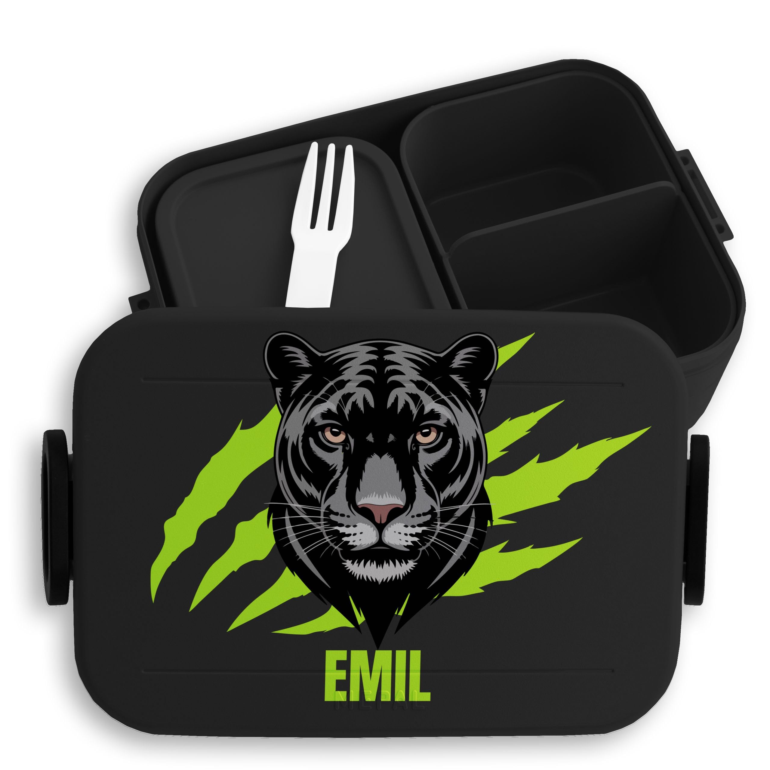 Kinder Bento Box Midi Lunchbox für Mepal Bentobox - Einschulung Geschenk Brotbox Panther mit Name personalisiert I Schulkind Geschenk Schule I Schulanfang I Schuleinführung - 900 ml - Schwarz