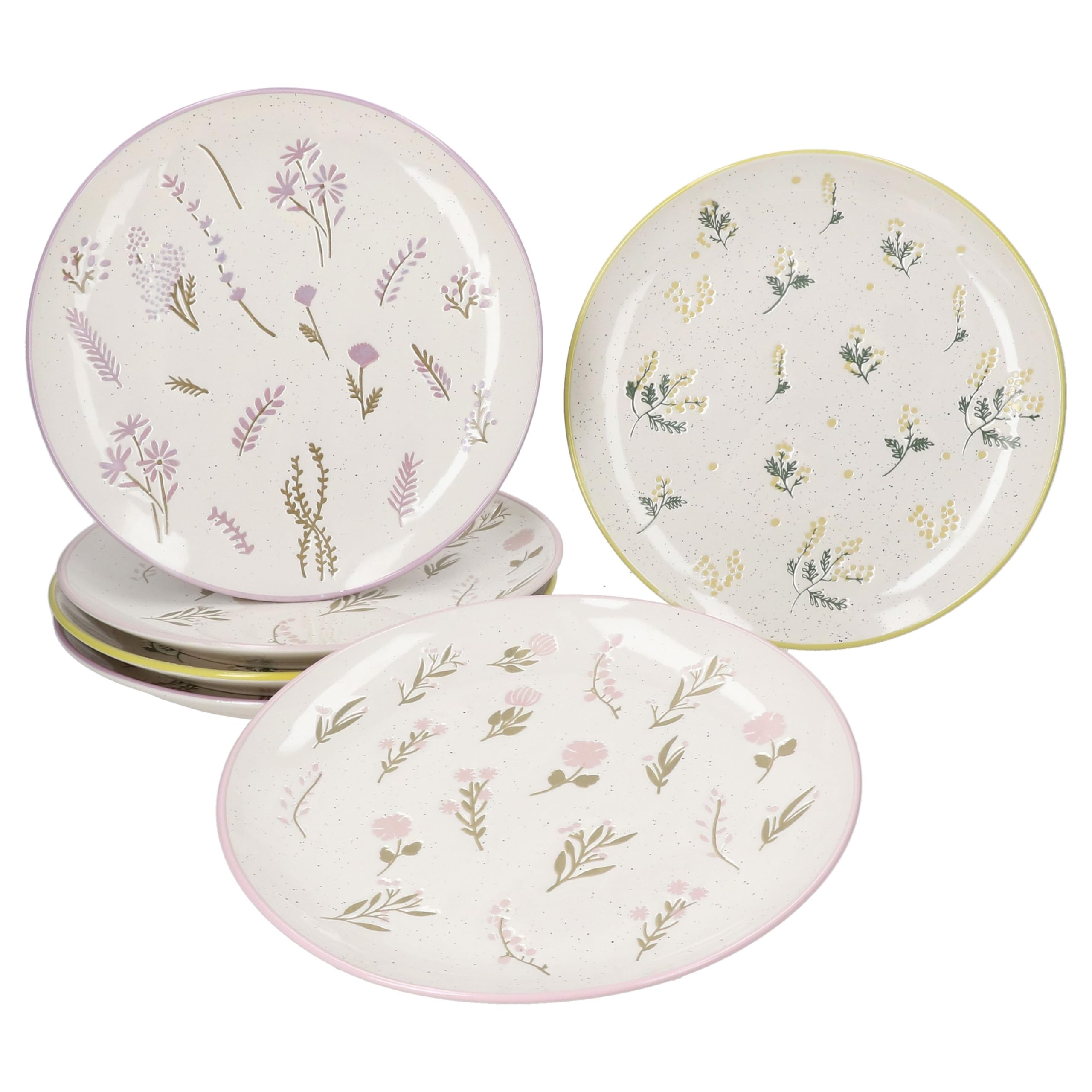 MamboCat 6-częściowy zestaw talerzy do ciasta, Ø 21 cm, ceramiczne, kremowe, z kwiatami i kolorową krawędzią w kolorze żółtym, fioletowym i różowym, kolorowe kwiatowe talerze śniadaniowe, talerze