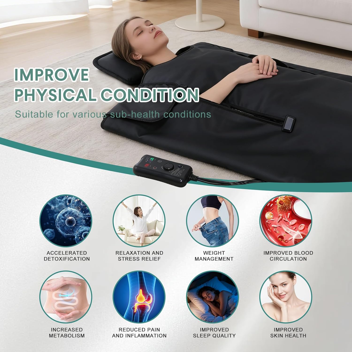 Far Infrared Sauna Blanket – Lightweight Portable Sauna with Adjustable Temperature Control (96-176°F), Hook and Loop Design, Low EMF Safe for Full Body Relaxation & Comfort with Support Pillow