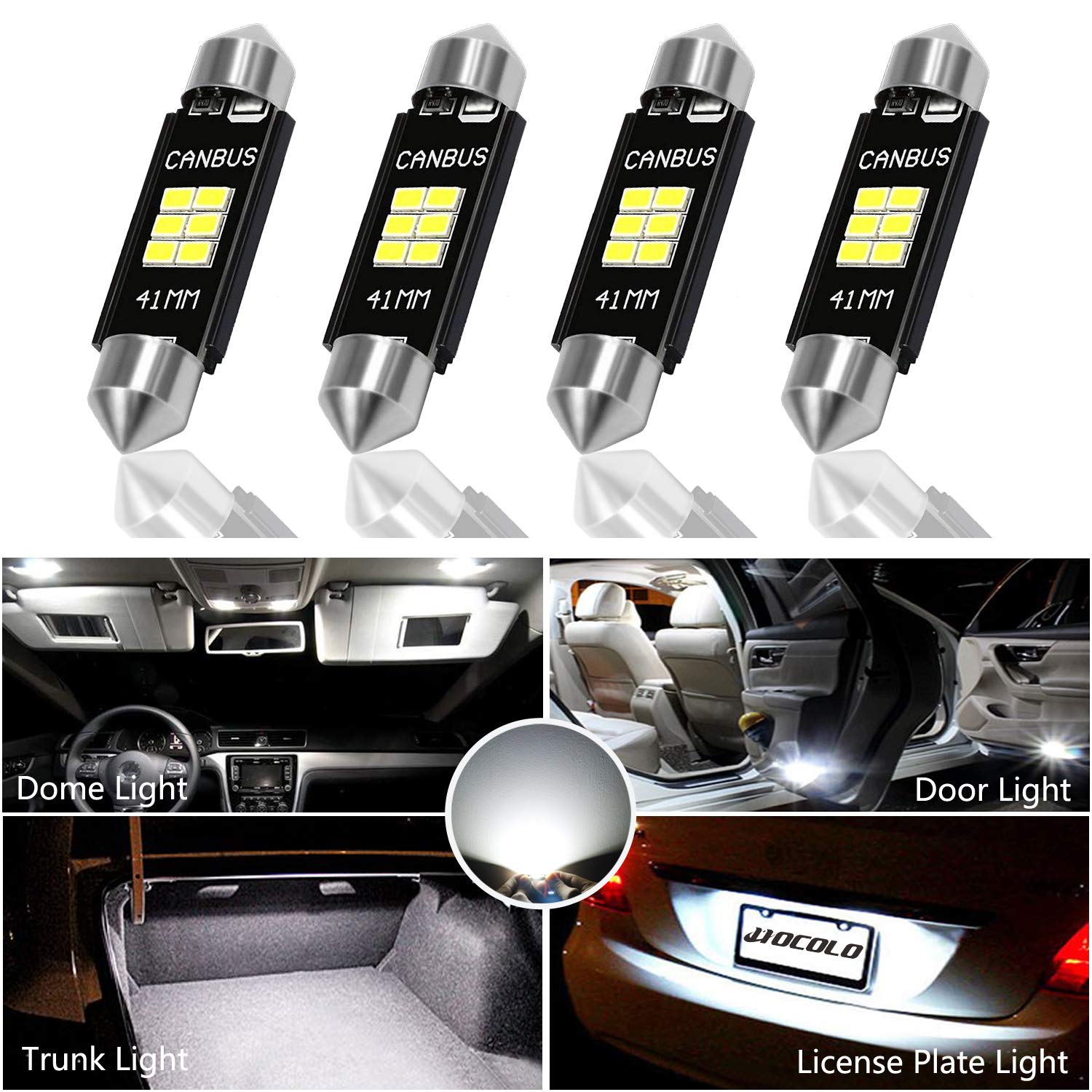HOCOLO 4x CanBus Festoon 41mm LED Bulb For Interior Car Lights Dome/Map/License Plate/Parking/Door/Trunk/Courtesy Lamp -Error Free LED DE3175 DE3021 DE3022 White (4pcs Canbus Festoon 41mm-5050-6SMD)